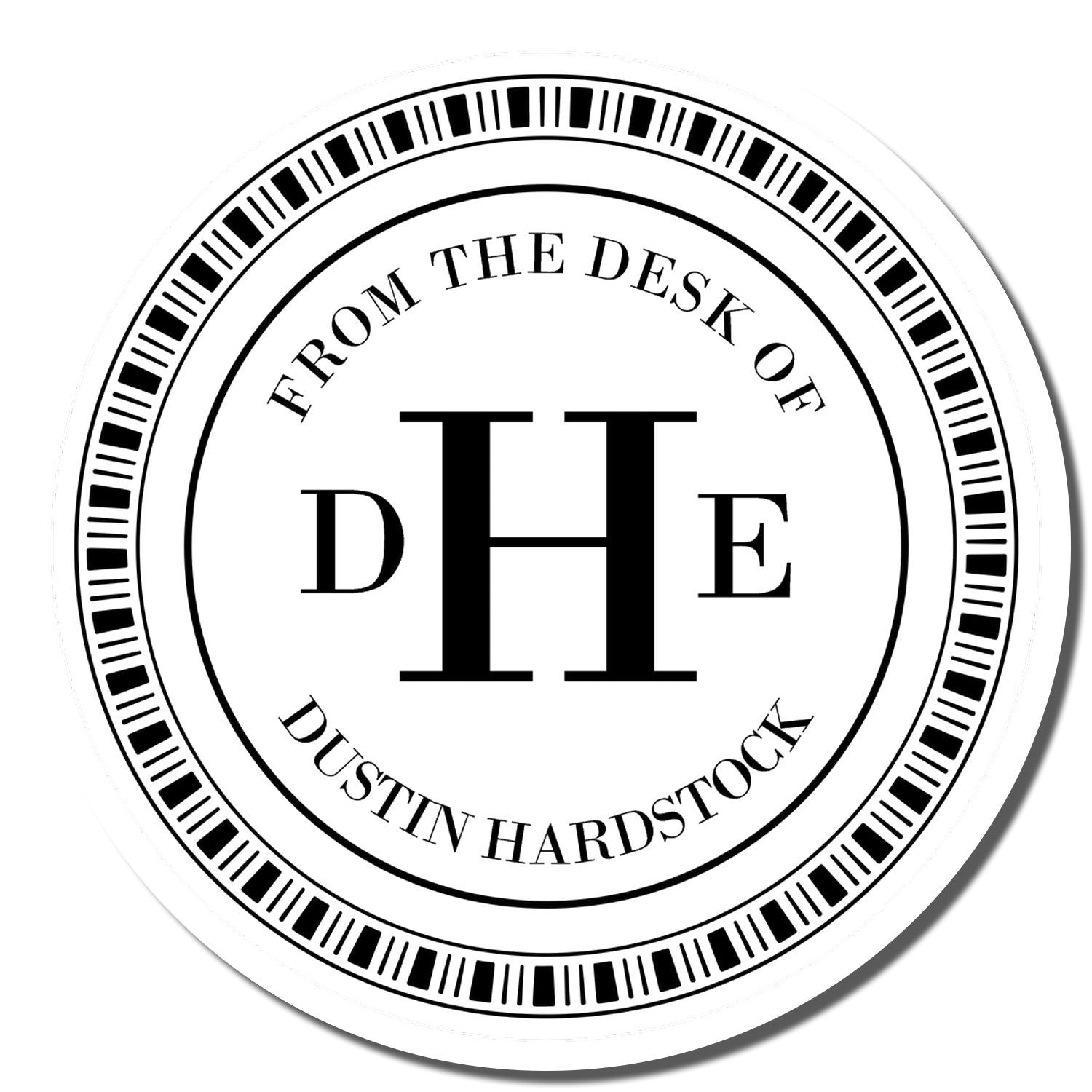 Custom round rubber stamp with monogram DHE and From the Desk of Dustin Hardstock personalized office stamp design.