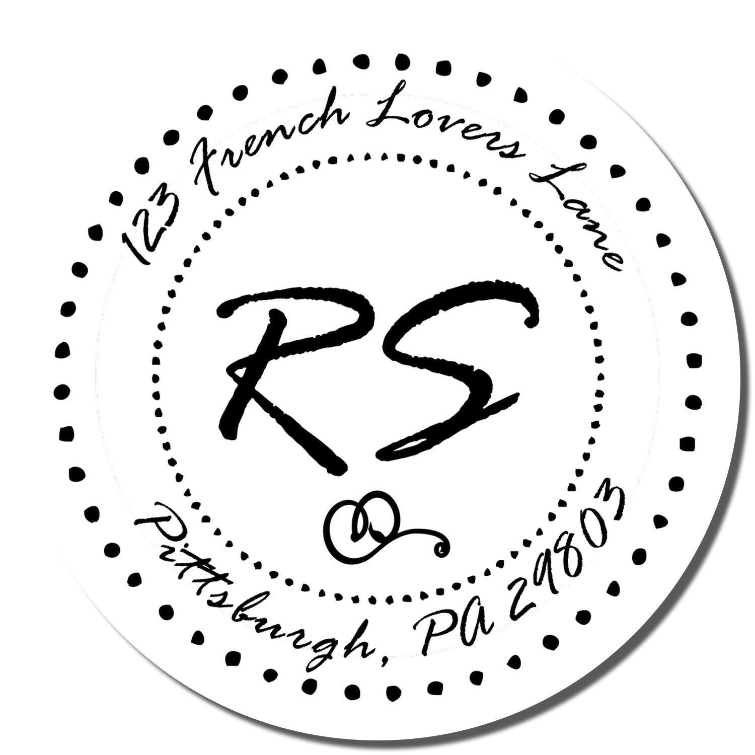 Custom round rubber stamp with RS monogram and French Lovers Lane, Pittsburgh, PA address text for personalized mailing.