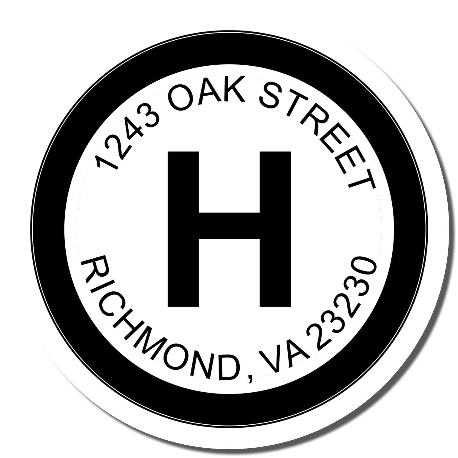Oak Street Richmond Virginia 23223 circular logo seal with black H monogram, branding badge for business address and contact.