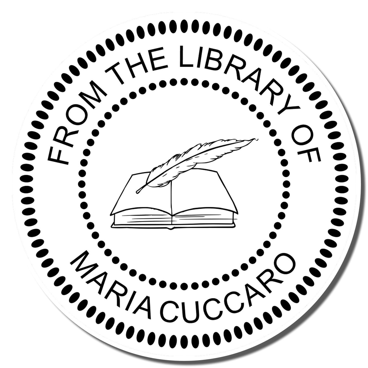 Personalized library rubber stamp for Maria Cuccaro, featuring an open book and quill with circular From the Library Of text.