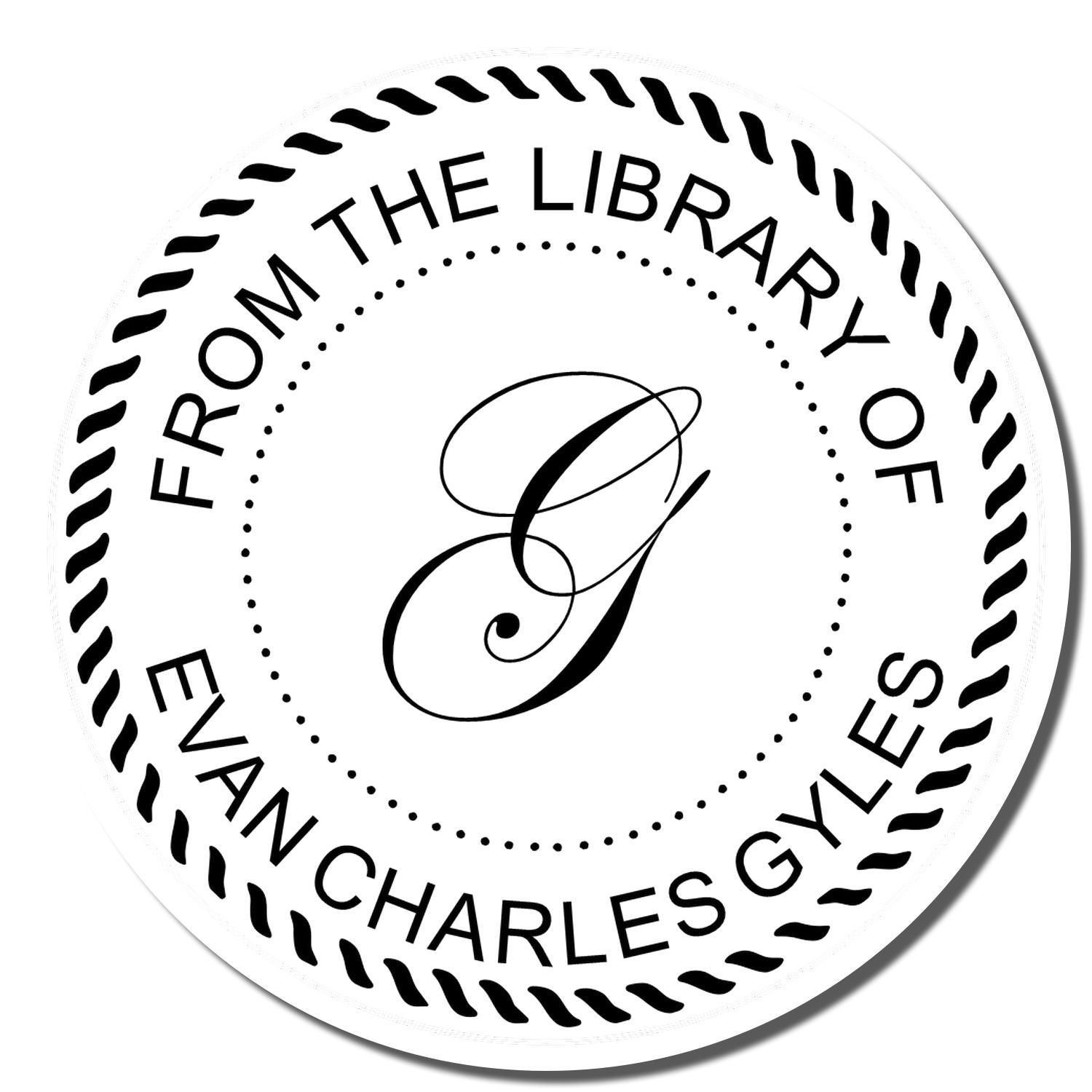 Custom rubber book stamp reading From the Library of Evan Charles Gyles with monogram, perfect for personal library ownership.