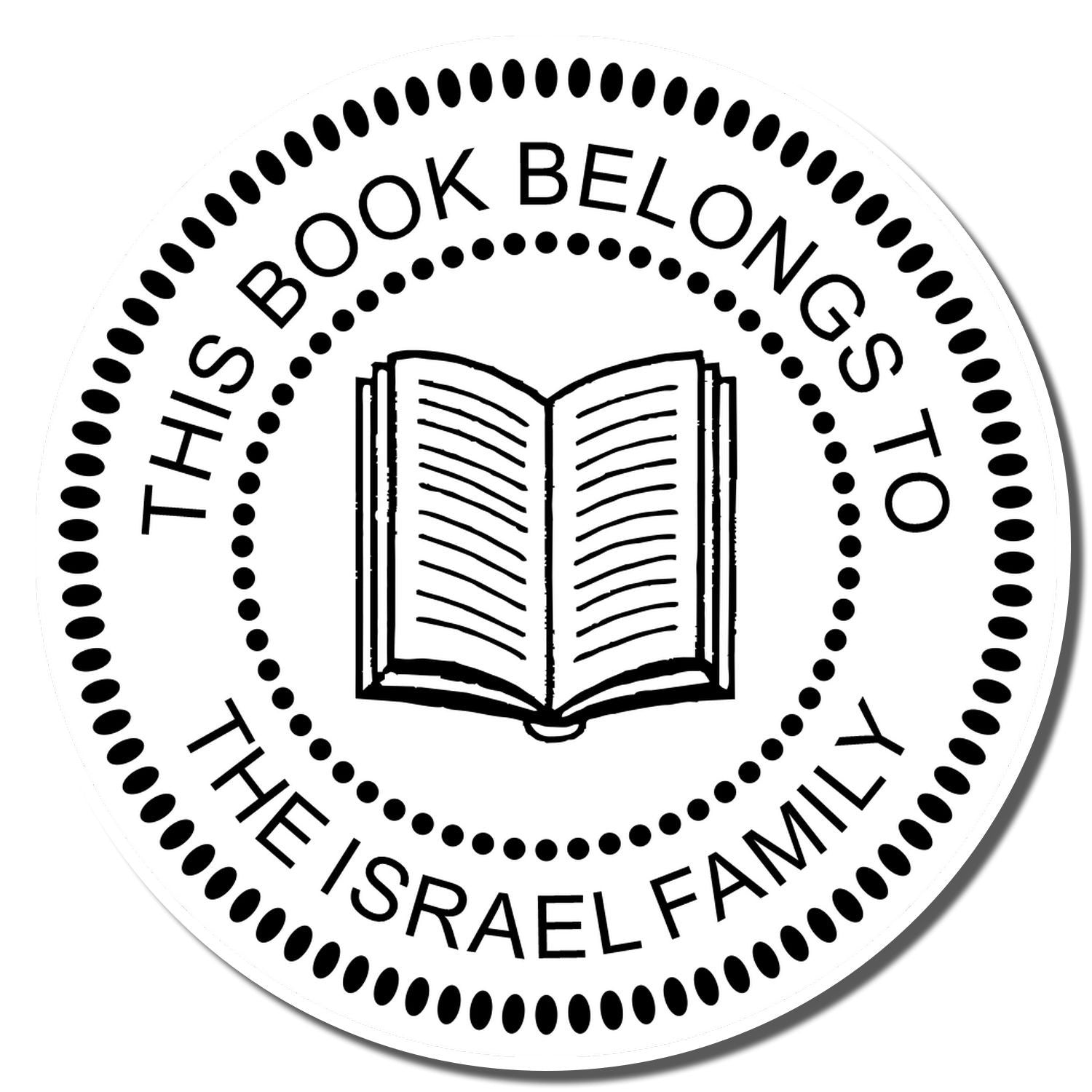 Personalized rubber stamp for books reading This Book Belongs to the Israel Family with open book icon.