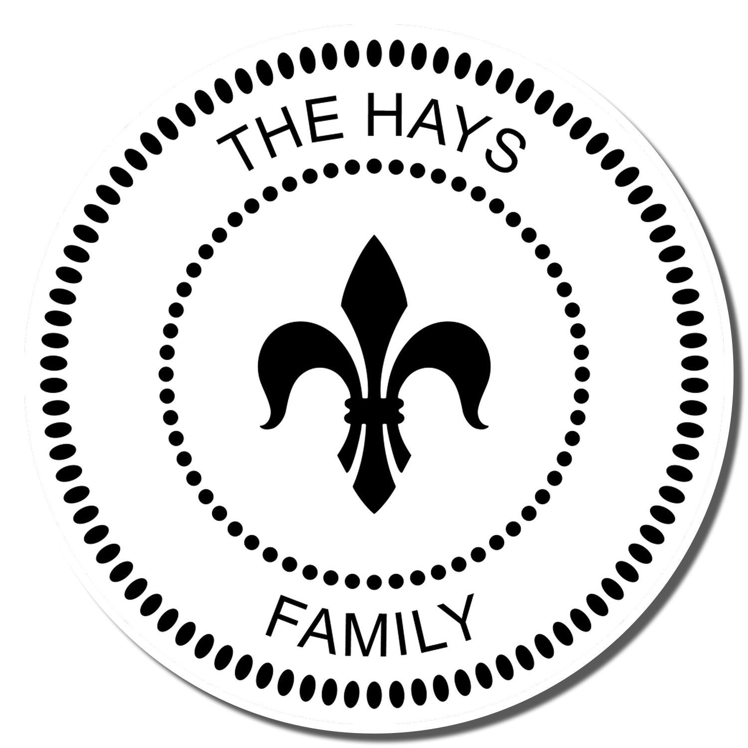 Custom The Hays Family rubber stamp with fleur-de-lis emblem for personalized cards, gifts, and crafts.