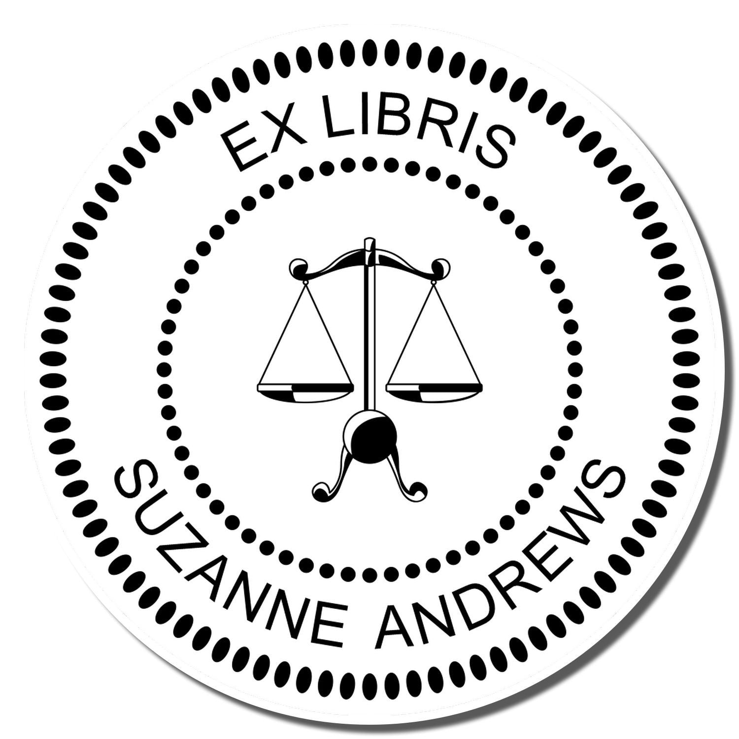 Custom round Ex Libris bookplate rubber stamp with scales of justice for Suzanne Andrews personal library.