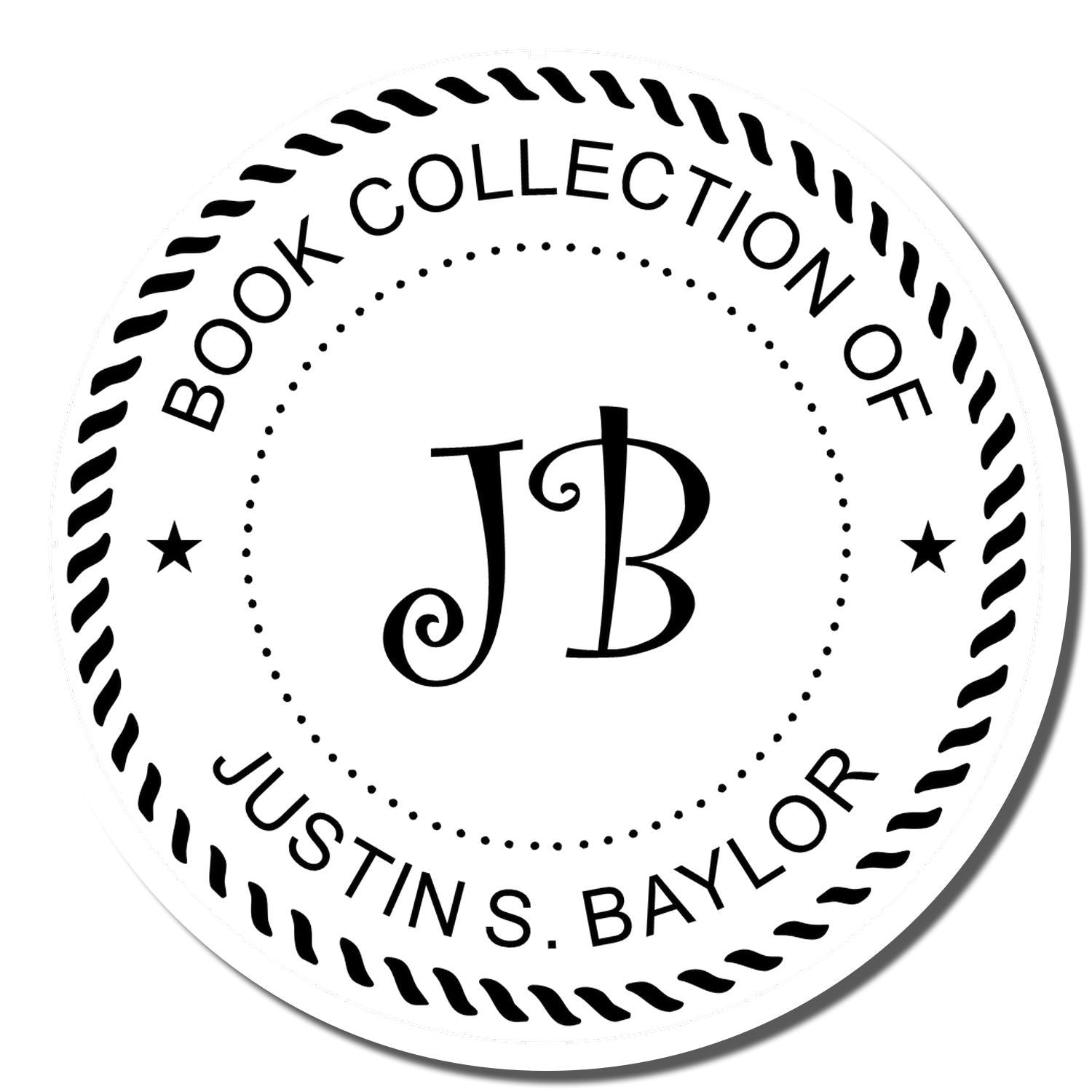 Personalized round book collection rubber stamp with monogram JB for Justin S. Baylor.
