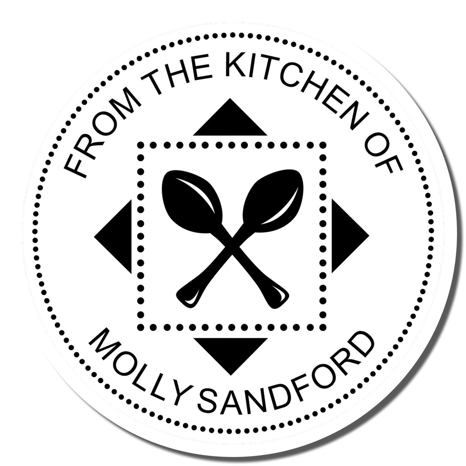 Personalized rubber stamp reading From the Kitchen of Molly Sandford with crossed spoons for homemade baked goods and gifts.