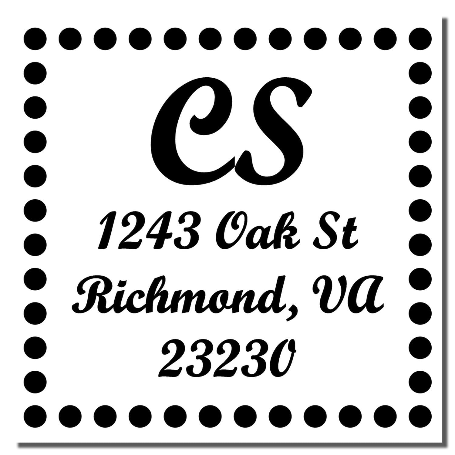 Custom return address rubber stamp with ES monogram, 1243 Oak St, Richmond, VA 23230, and dotted border.