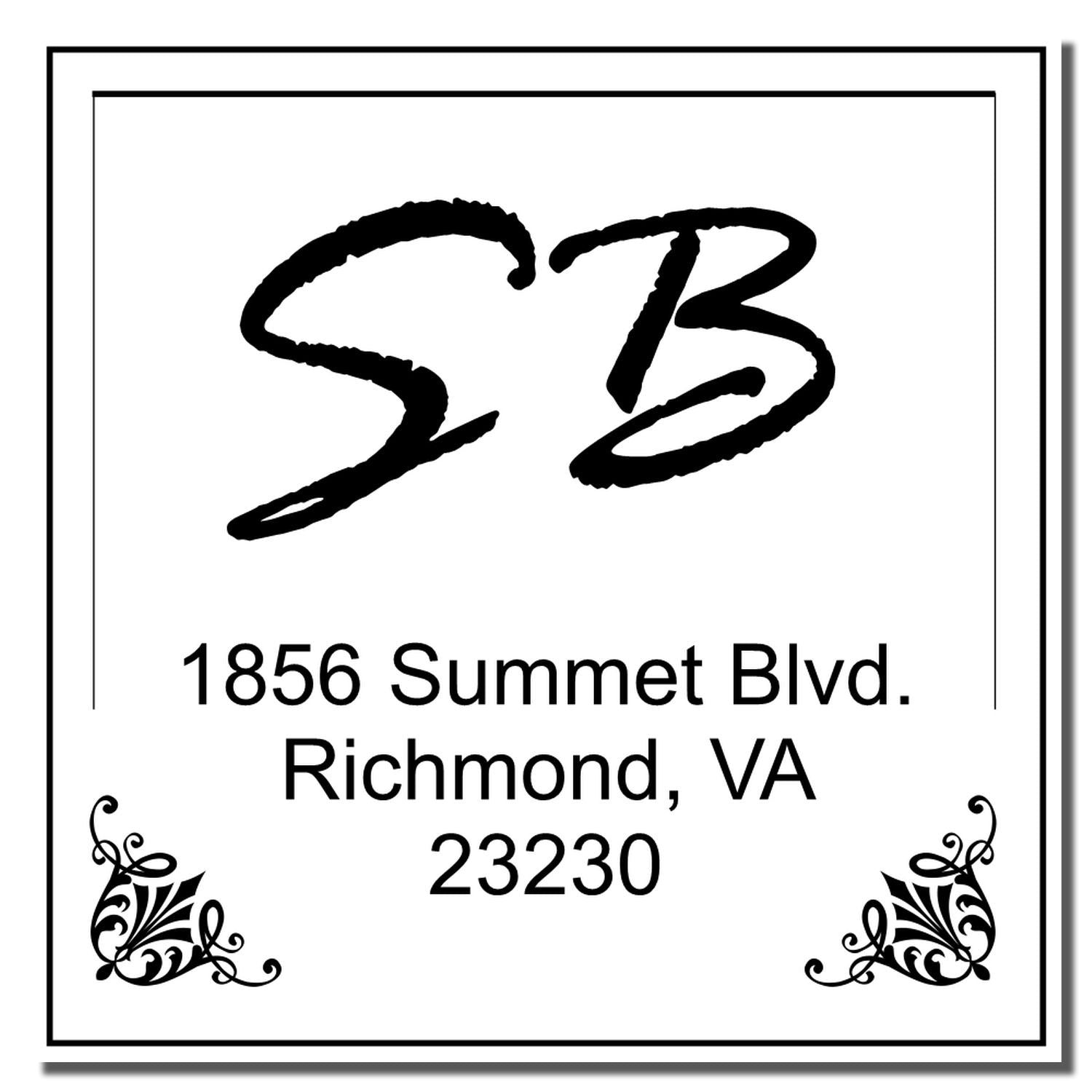 Personalized rubber address stamp with initials SB, 1856 Summet Blvd., Richmond, VA 23230, and decorative corner flourishes.