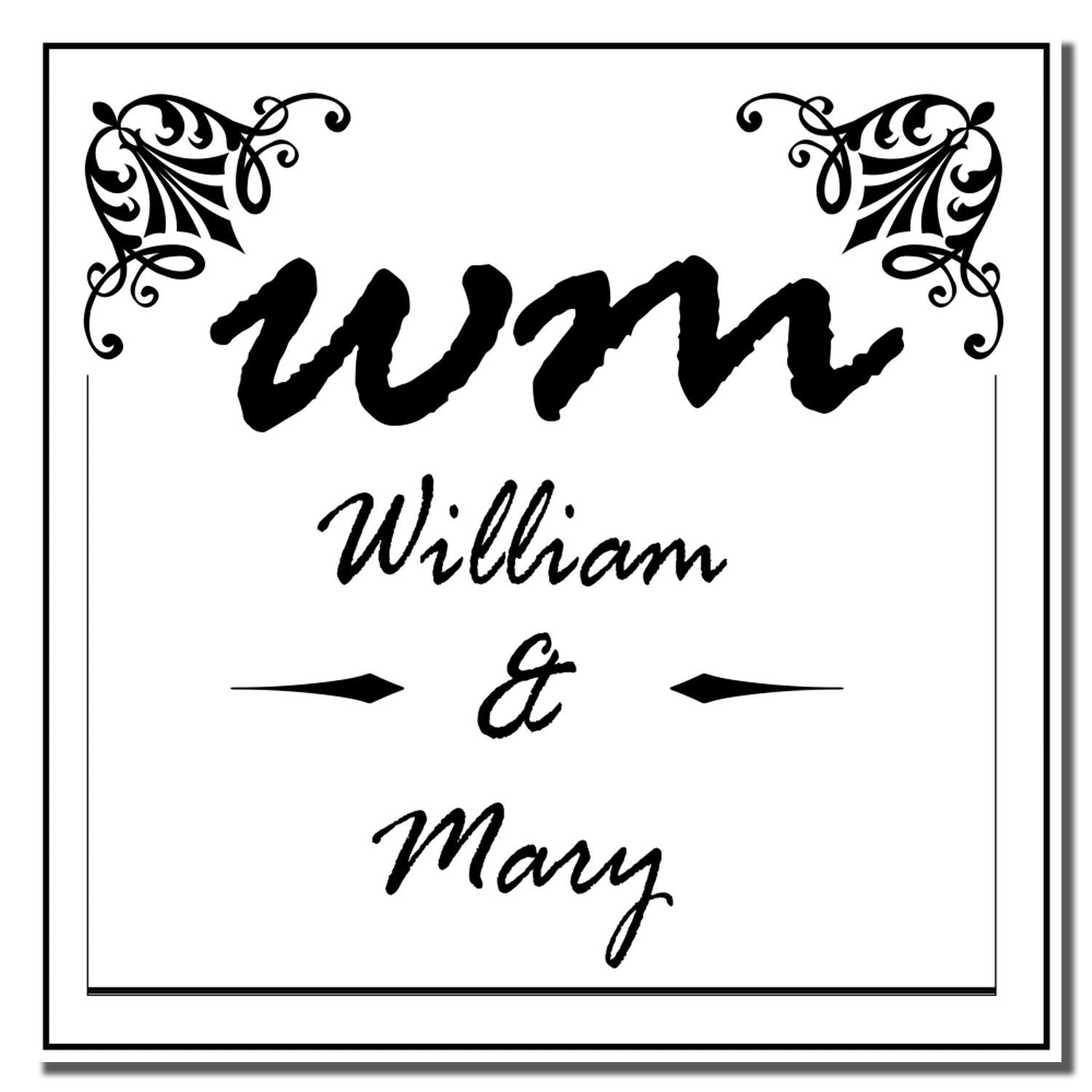 Decorative wedding rubber stamp with WM monogram, William & Mary, and ornate corner flourishes for personalized stationery.