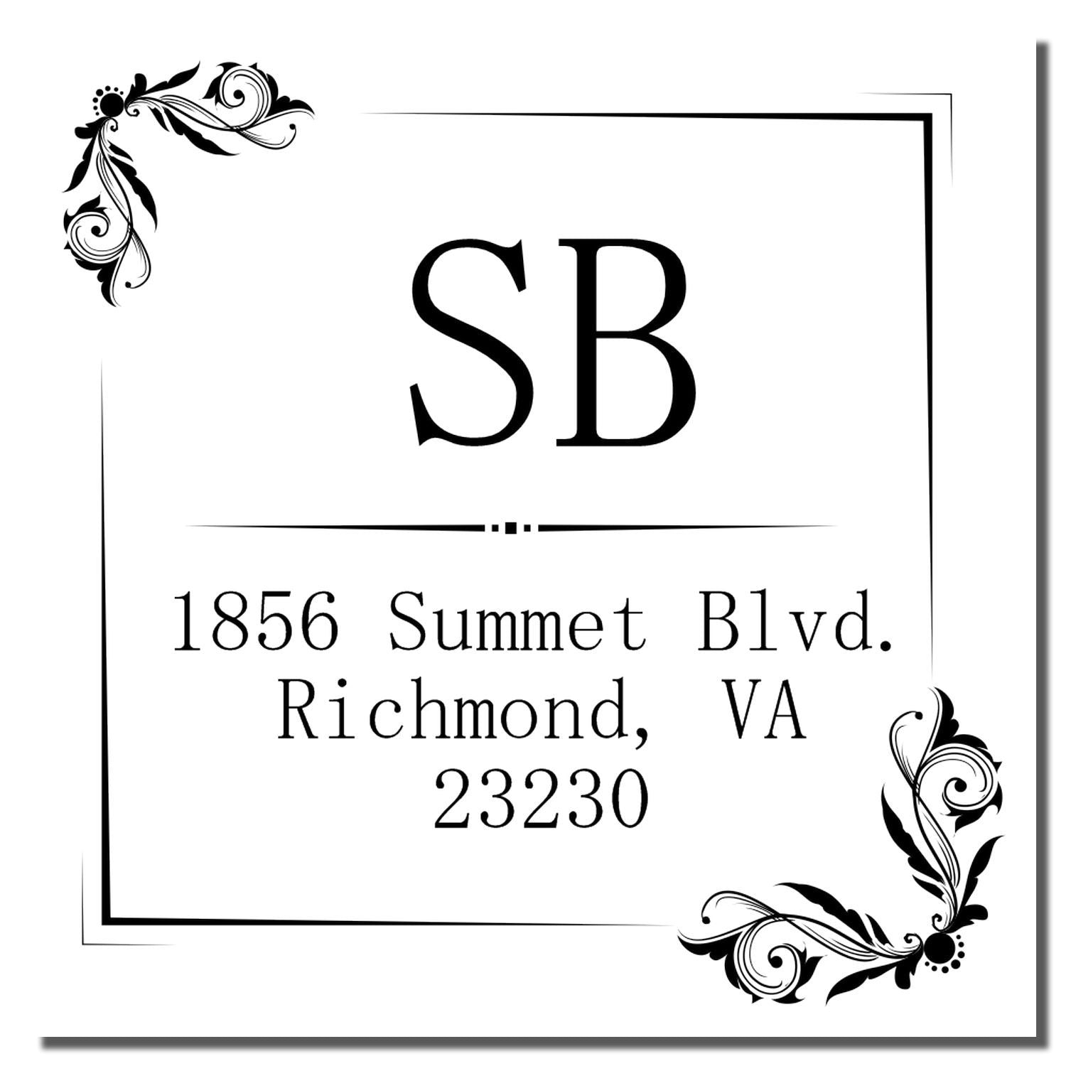 Custom monogram return address rubber stamp with SB initials, floral corners, and 1856 Summet Blvd., Richmond, VA 23230.