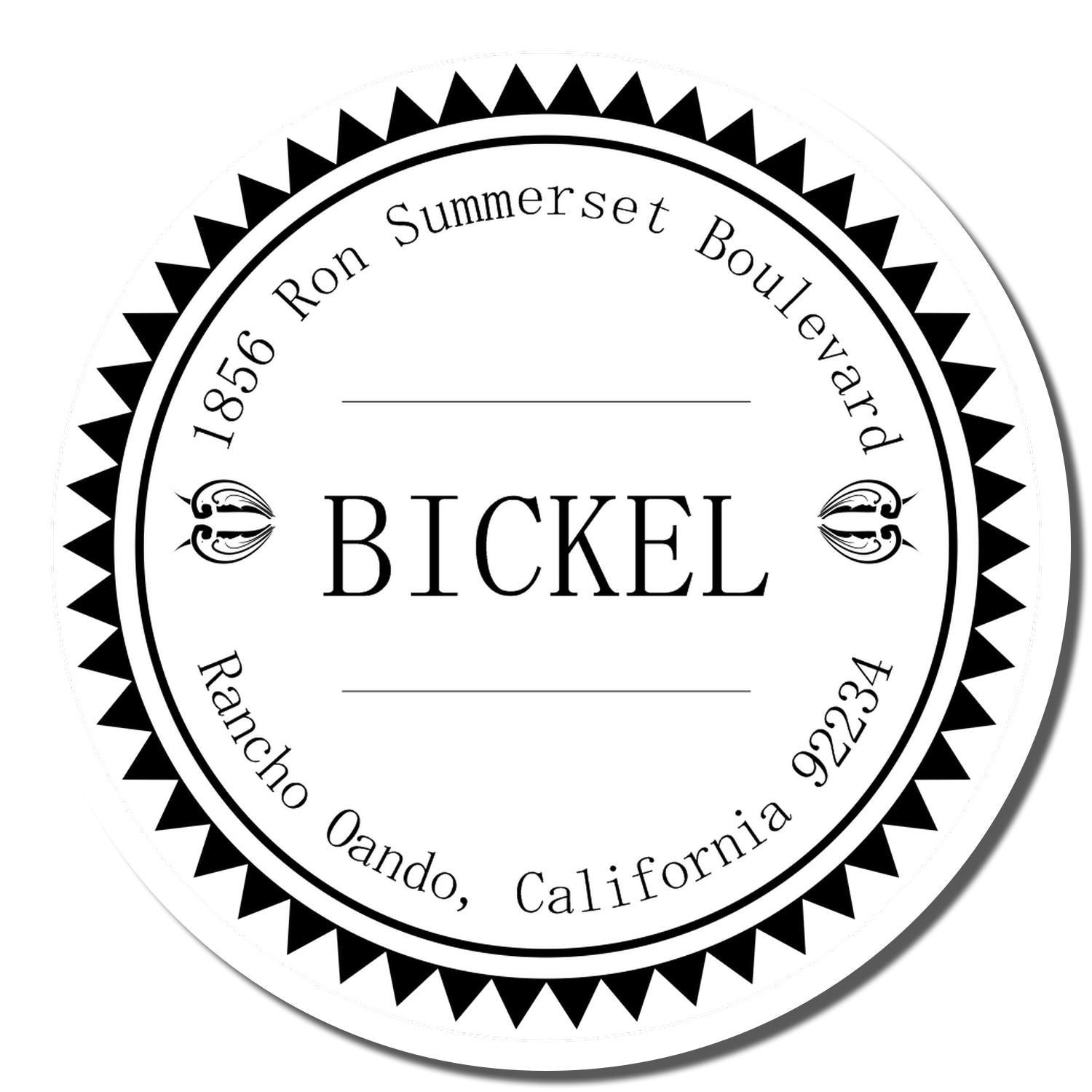 Custom Bickel return address rubber stamp with 1856 Ron Summerset Boulevard, Rancho Oando, California 92234.