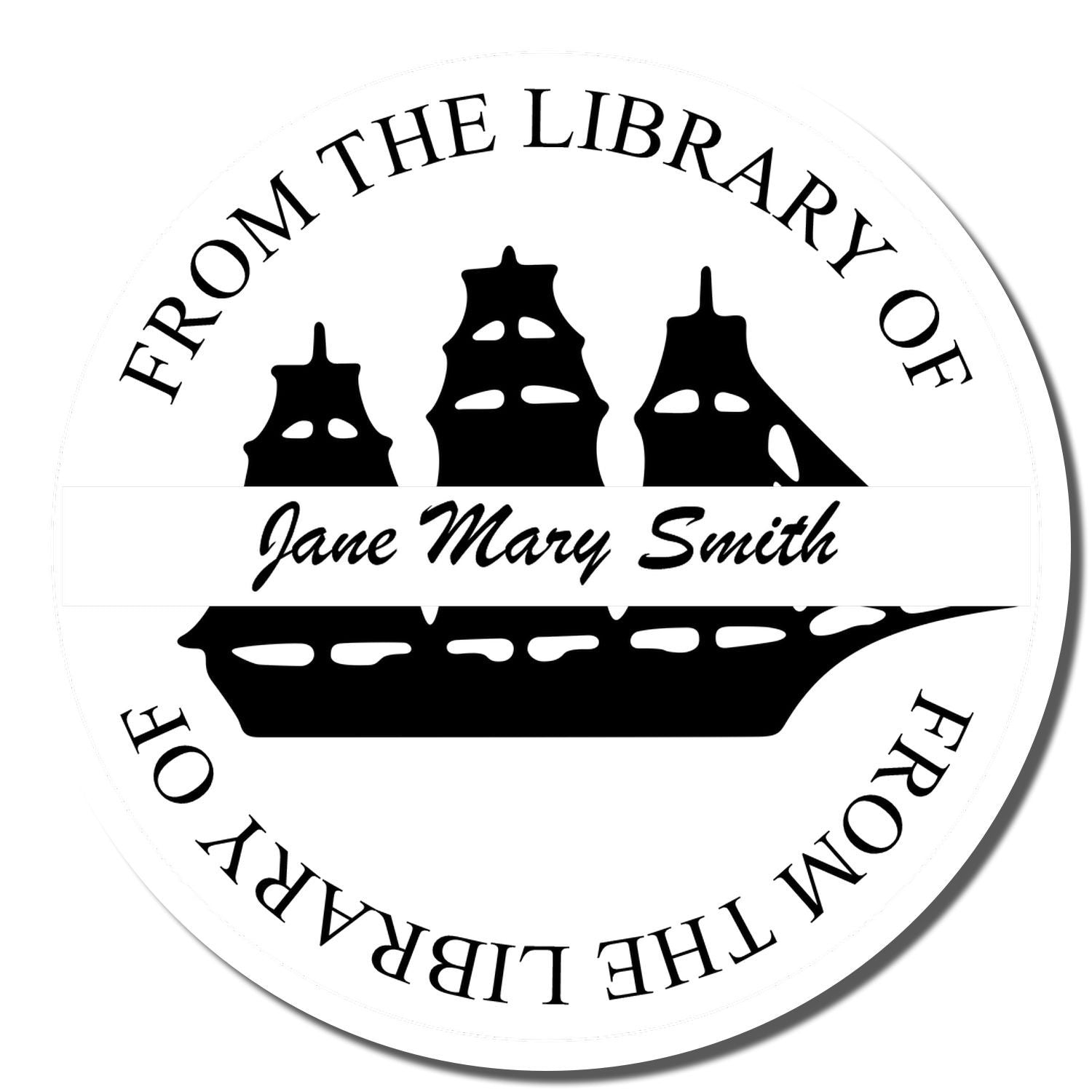 Circular library stamp or bookplate reading From the Library of Jane Mary Smith with black building icon.