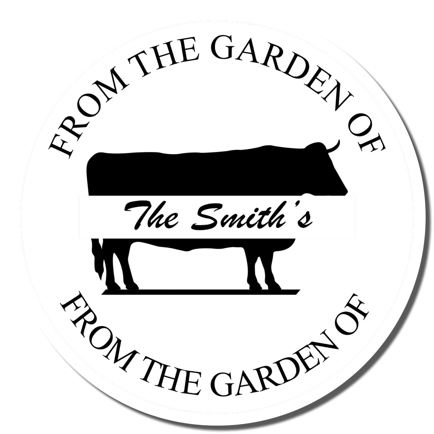 Custom rubber stamp design reading From the Garden of The Smiths with cow silhouette, perfect for personalized farm branding.