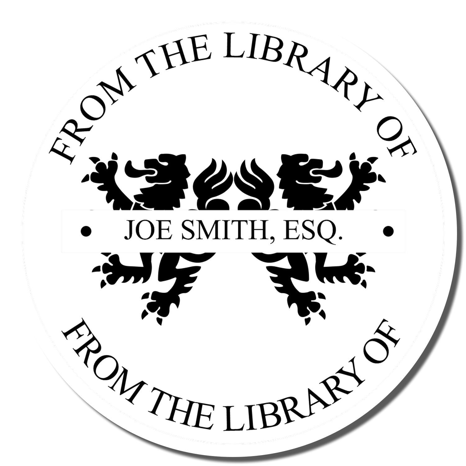 Custom round rubber book ownership stamp reading From the Library of Joe Smith, Esq. with decorative crest.