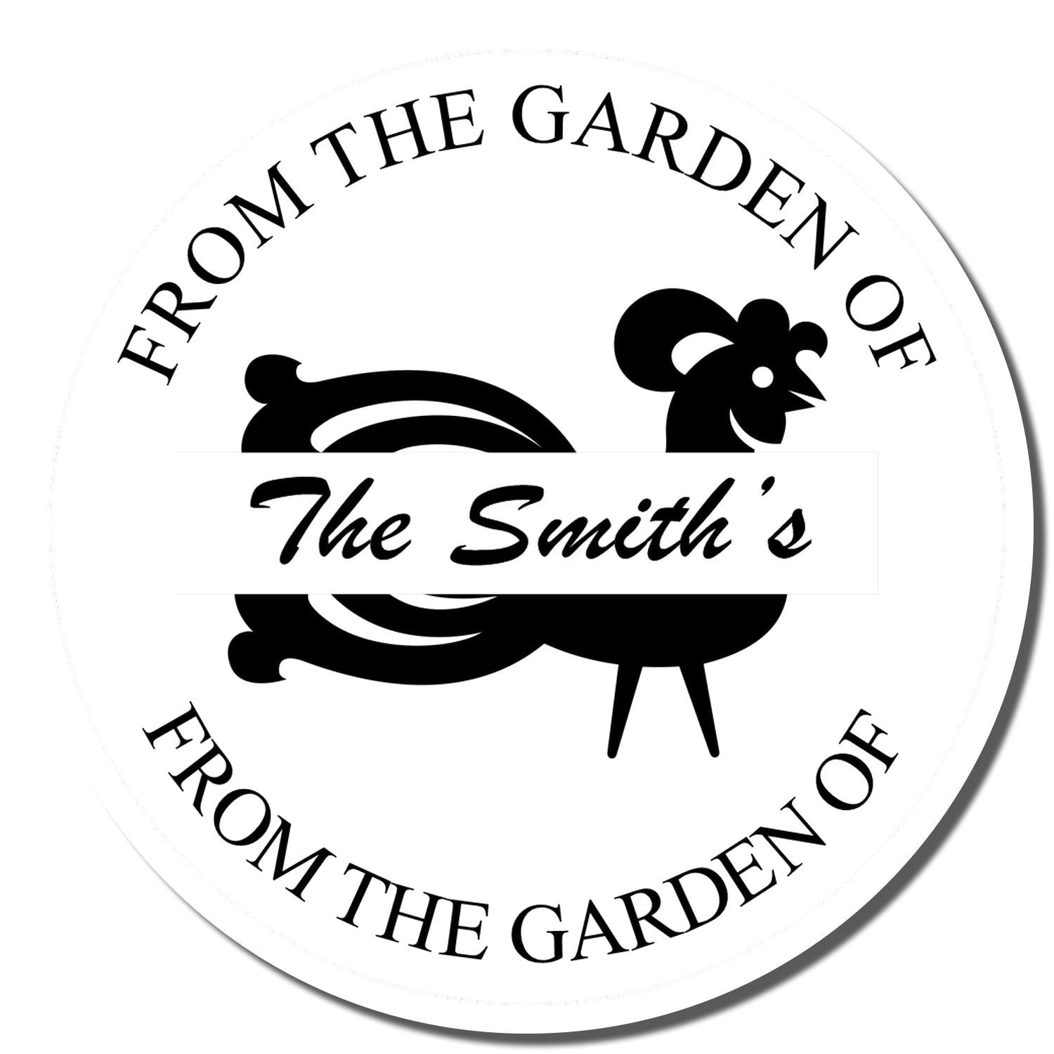 Custom rubber stamp design for garden produce, reading From the Garden of The Smiths with a chicken silhouette.