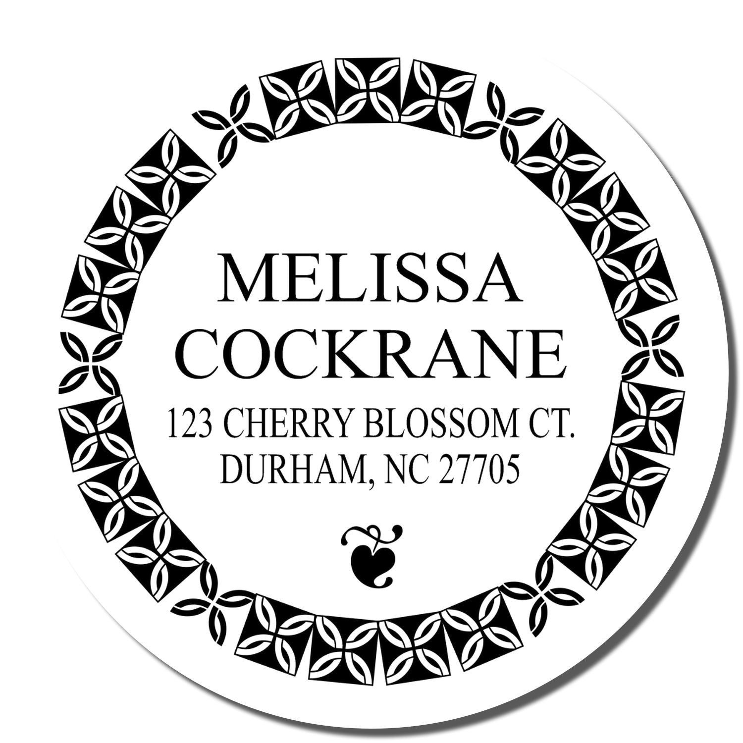 Custom address rubber stamp with floral border, featuring Melissa Cockrane name and Durham, NC address for mailing envelopes.