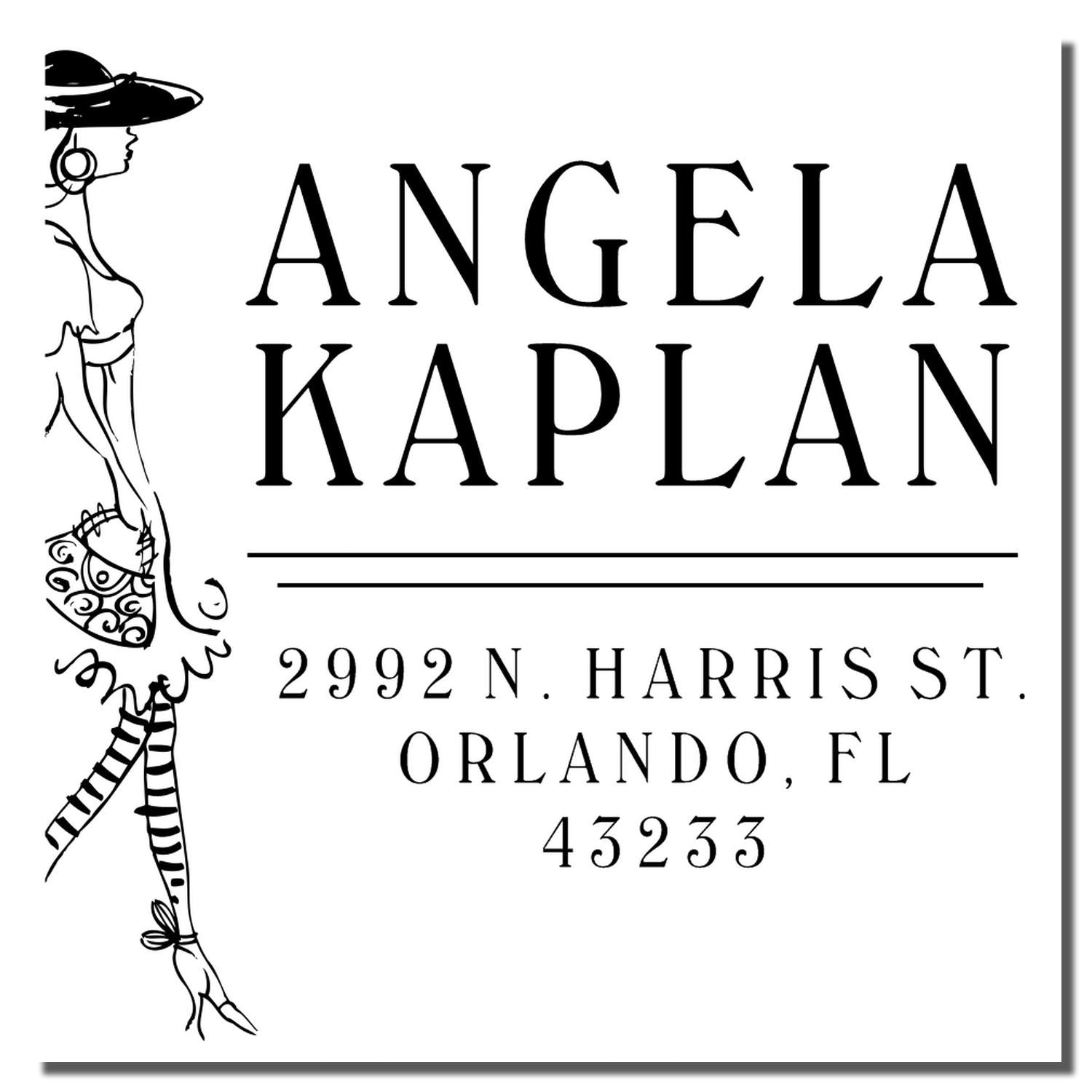 Angela Kaplan address label showing 2992 N Harris St, Orlando, FL 46233, with illustrated woman silhouette for envelope mailing.