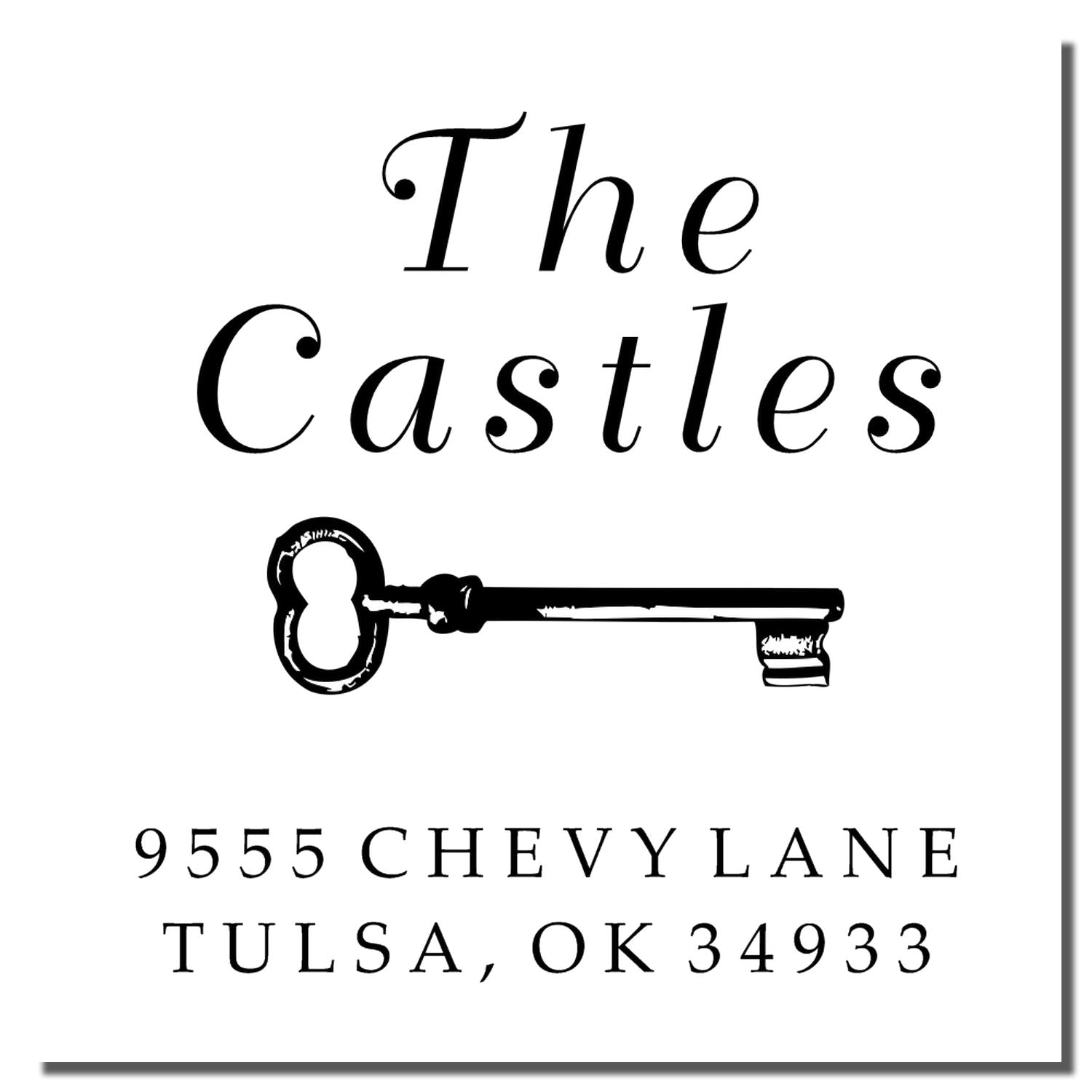 Personalized address rubber stamp for The Castles with antique key graphic, 9555 Chevy Lane, Tulsa, OK 34933.
