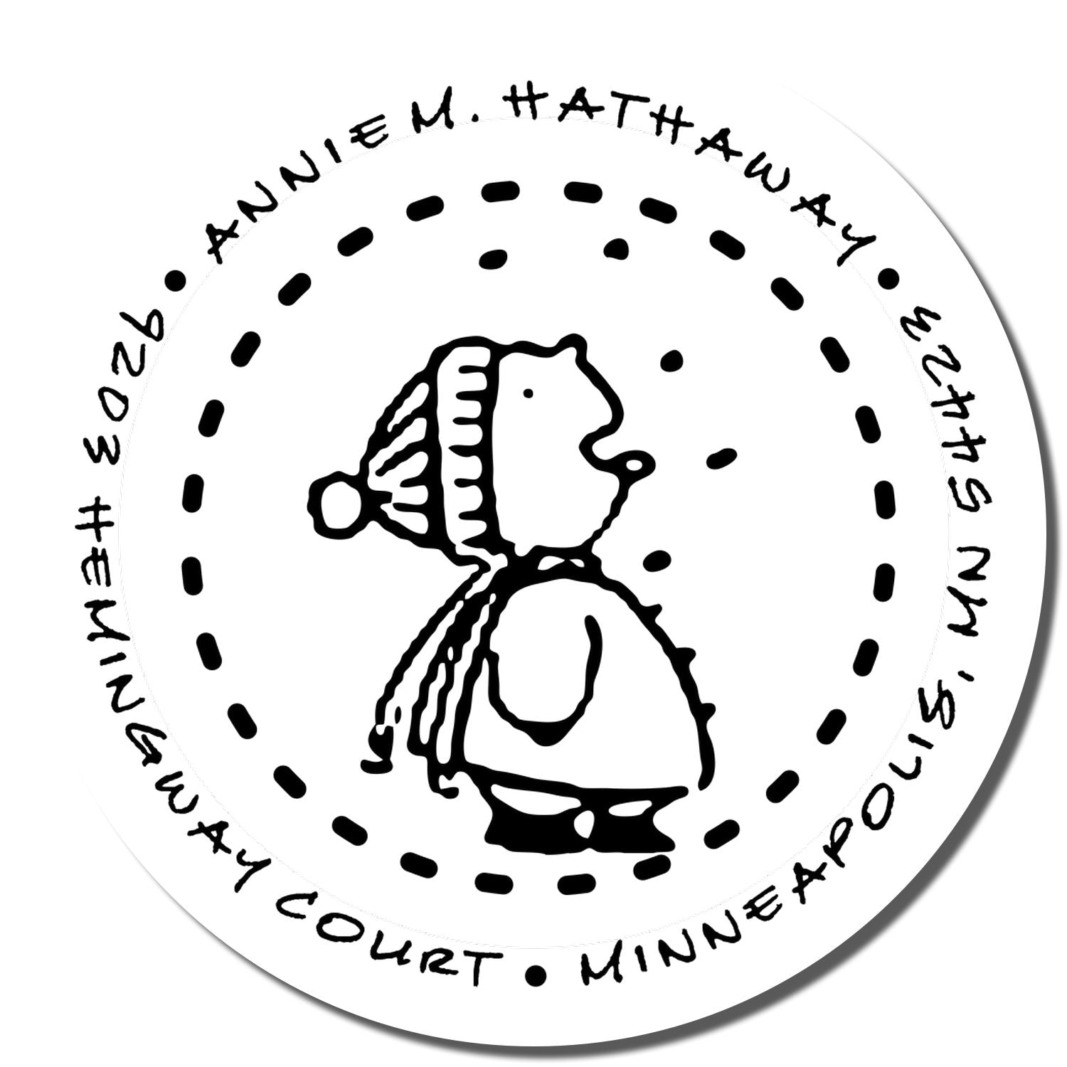 Custom round rubber stamp seal with Annie M. Hathaway name text and decorative black-and-white design for office use.