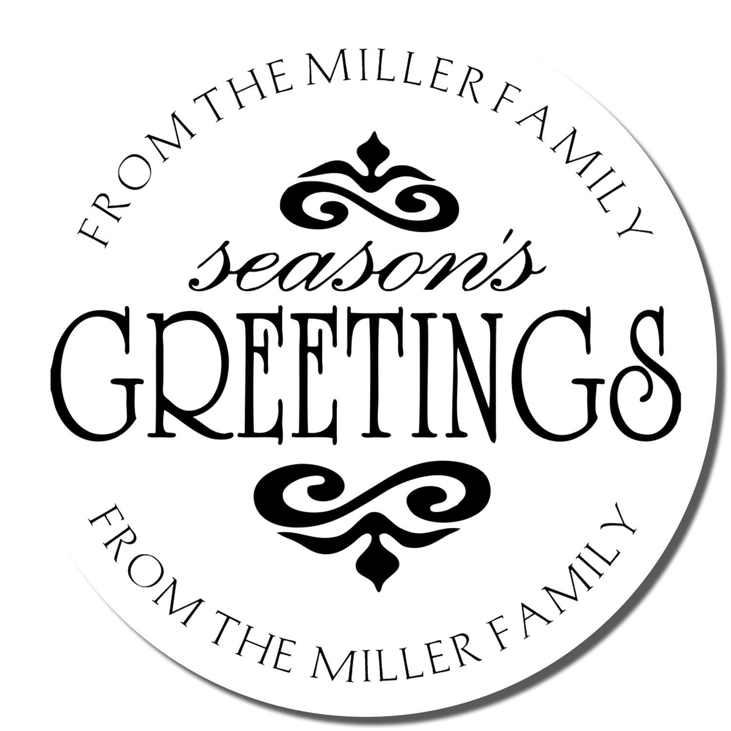 Custom holiday rubber stamp reading From the Miller Family and seasons greetings for festive cards and gift packaging.