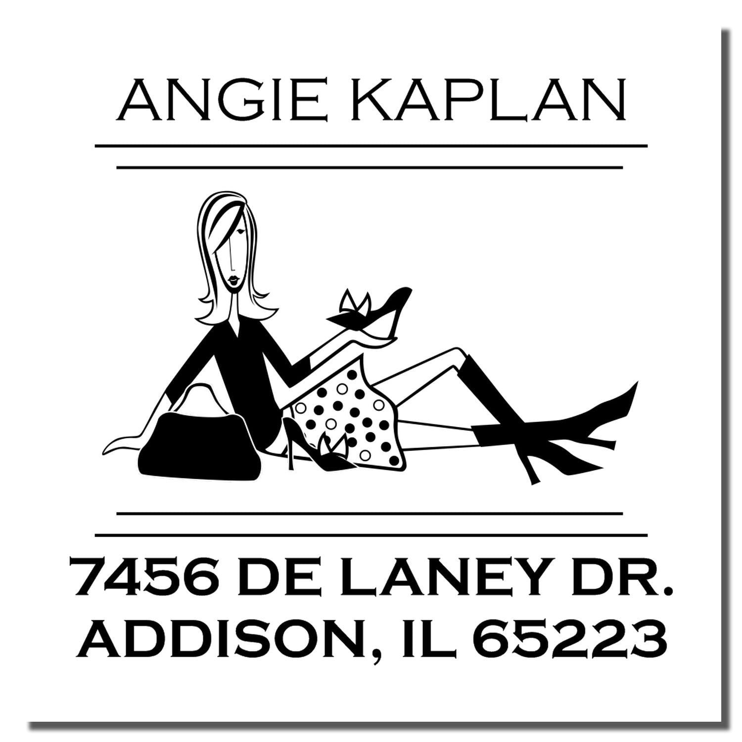 Custom personalized return address rubber stamp for Angie Kaplan with fashion illustration and Addison, IL address.