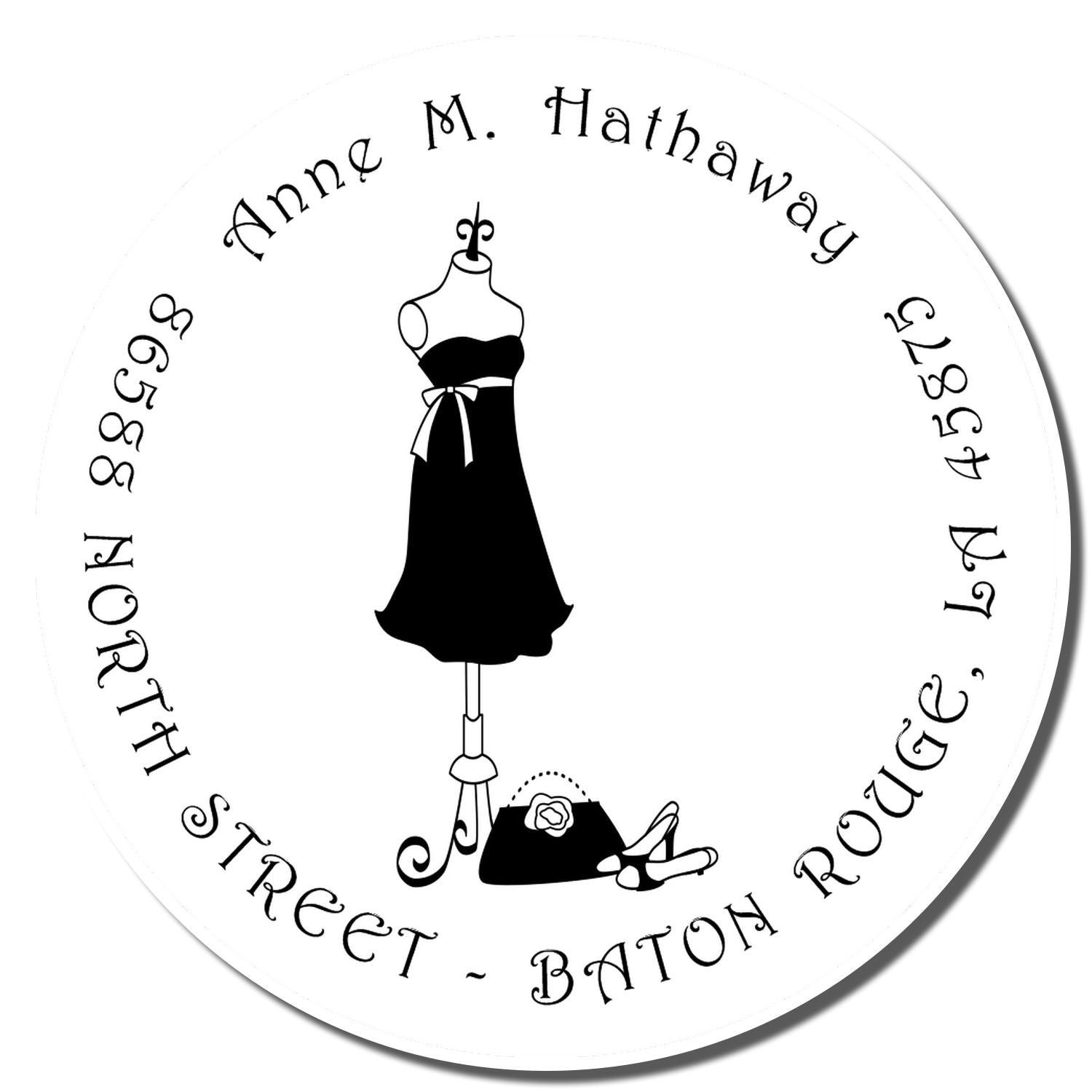 Custom wedding address rubber stamp with dress form design for Anne M. Hathaway, Baton Rouge, LA