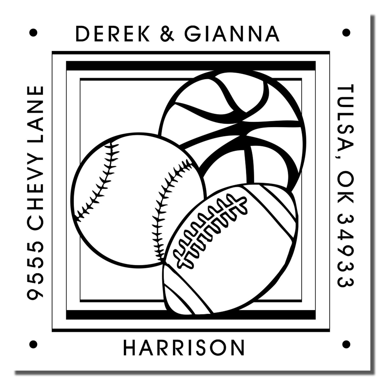 Personalized sports-themed family address rubber stamp for Derek & Gianna, 9555 Chevy Lane, Tulsa, OK 34933.