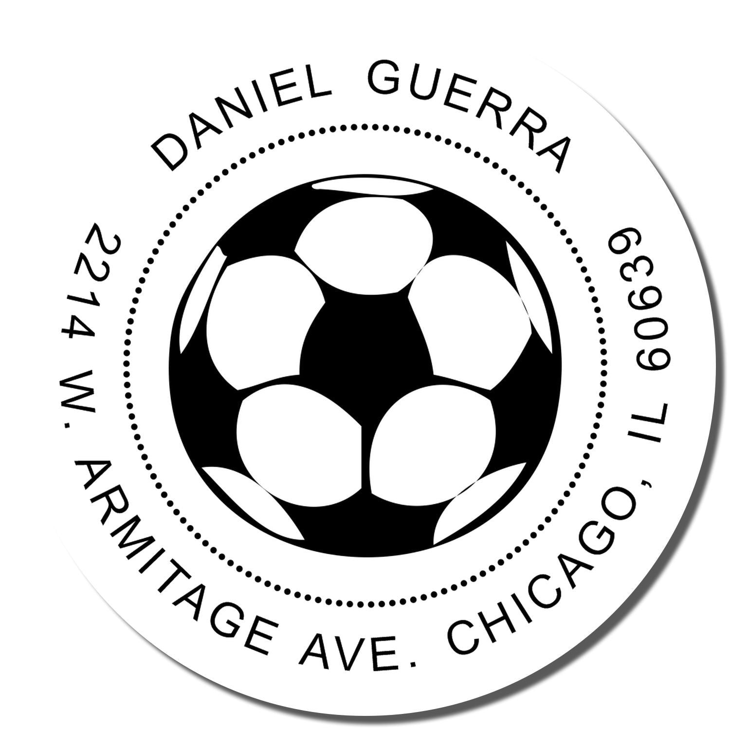 Custom soccer ball address rubber stamp for Daniel Guerra, 2214 W. Armitage Ave., Chicago, IL 60639.