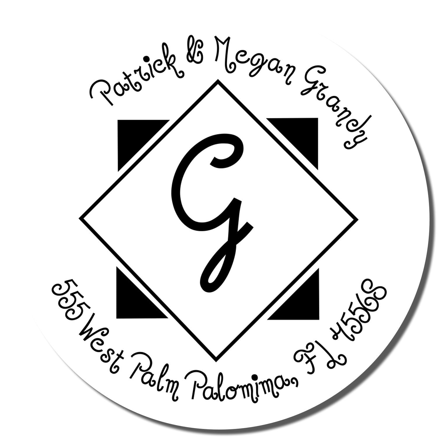 Custom Patrick & Megan Grandy monogram rubber stamp with large G for personalized return address use.