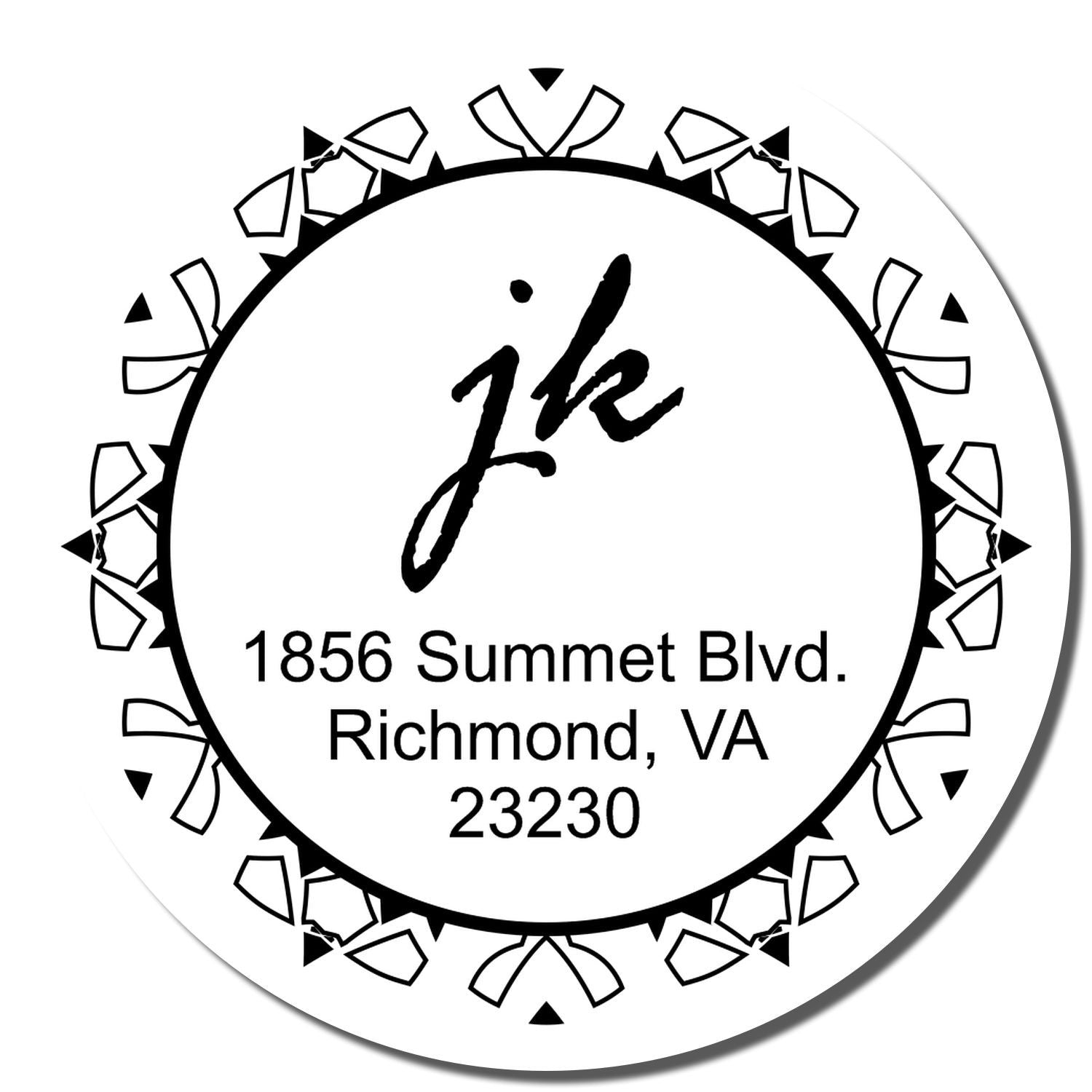 Custom monogram return address rubber stamp with initials JK and Richmond, VA address, decorative circular border.
