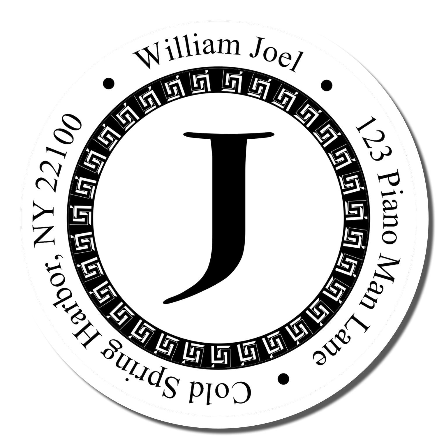 Custom monogram rubber stamp with J initial, William Joel name, and circular return address for Cold Springs Harbor, NY 22100.