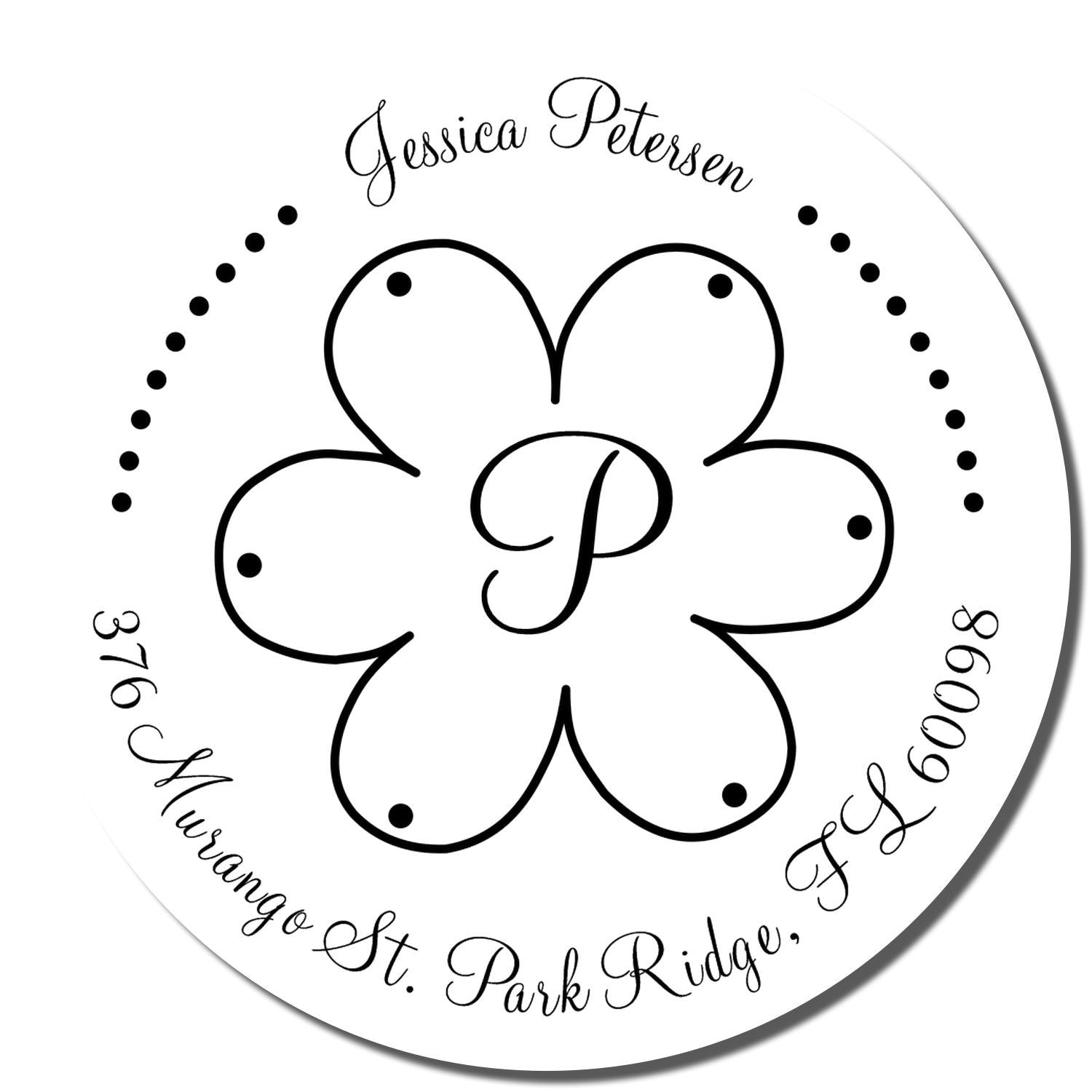 Personalized floral monogram rubber stamp with name and address for Jessica Petersen, 376 Murango St., Park Ridge, IL 60009.