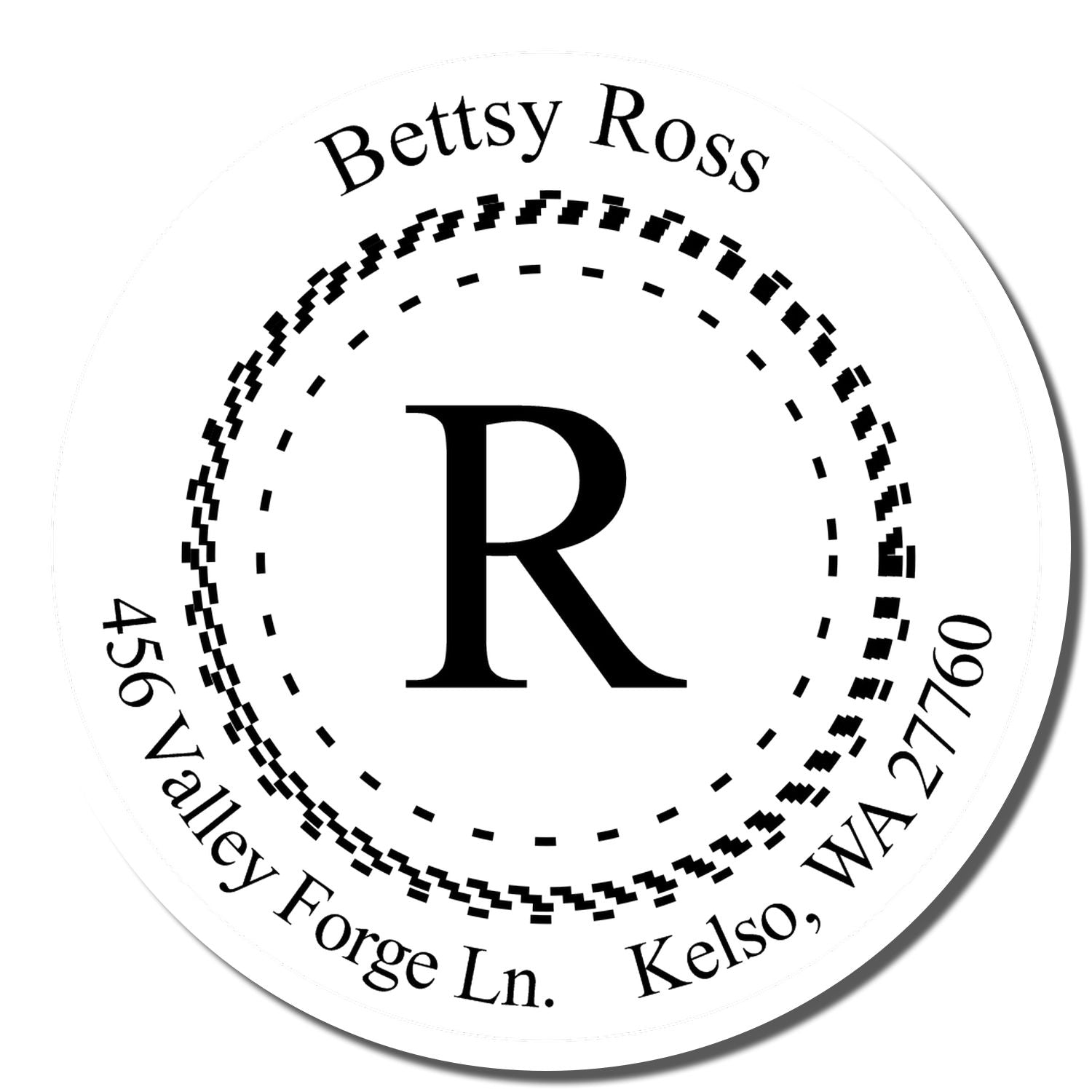 Custom round return address rubber stamp with monogram R for Bettsy Ross, Kelso, WA.