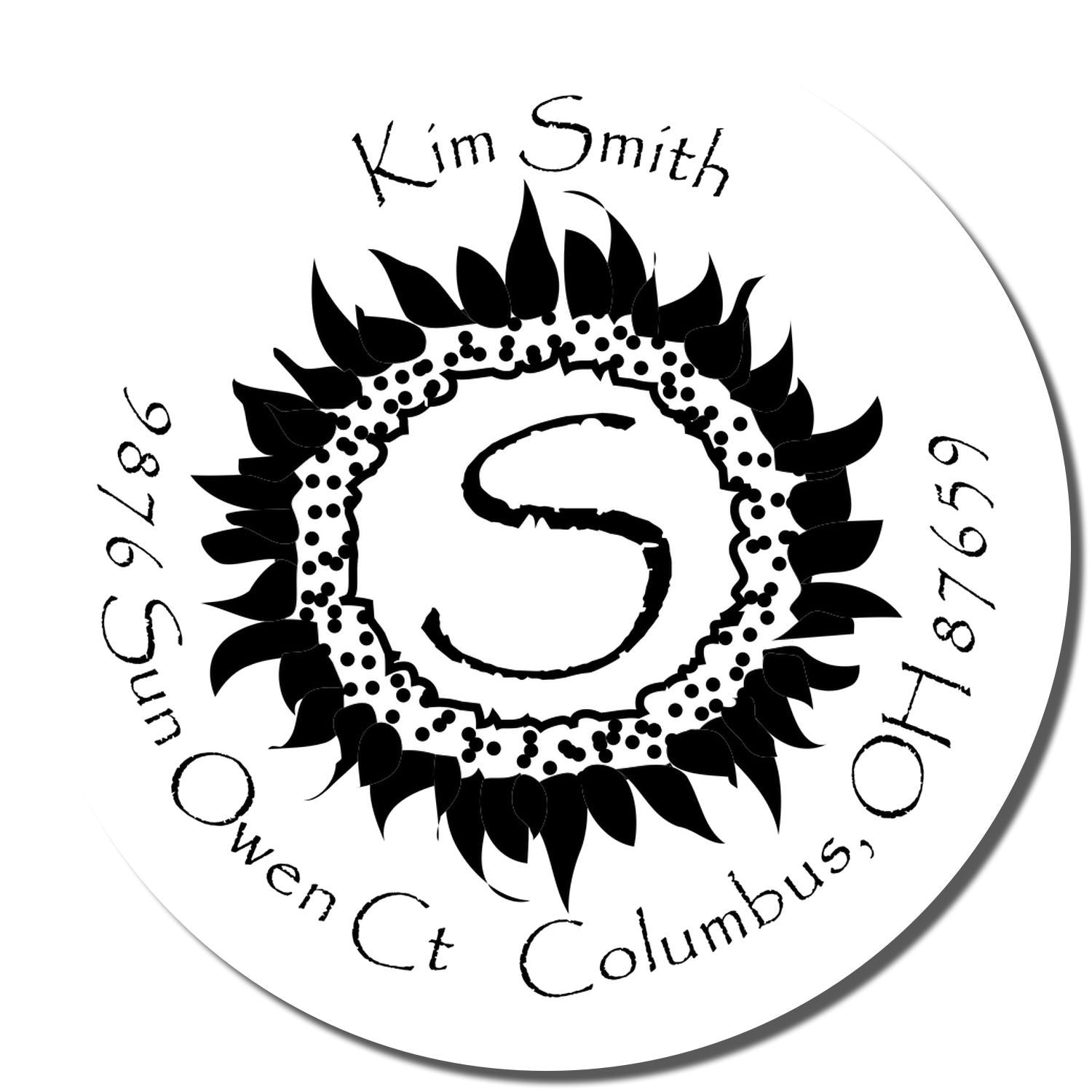 Custom rubber return address stamp with floral wreath, personalized for Kim Smith in Columbus, Ohio.