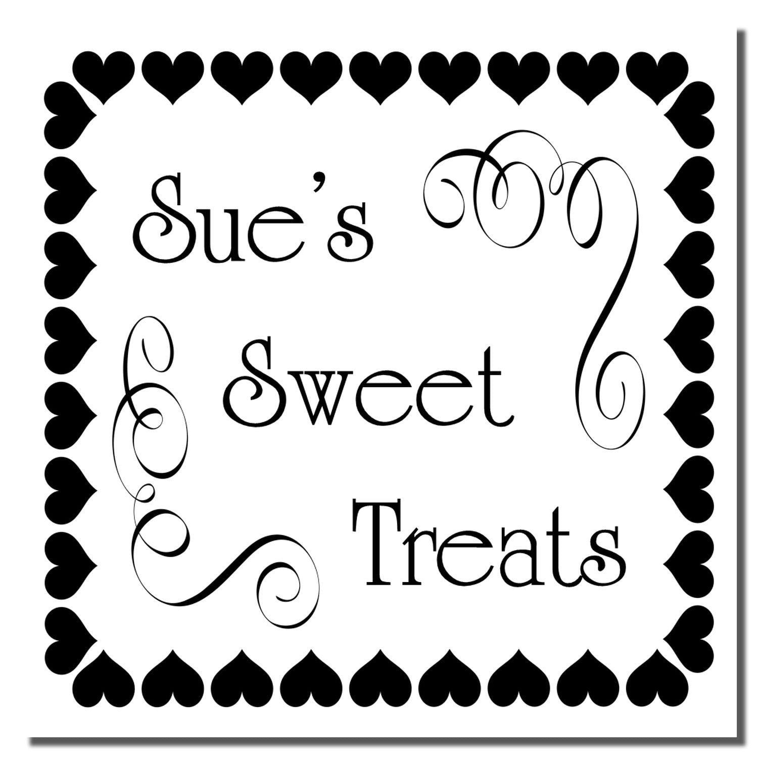 Custom rubber stamp design for Sue's Sweet Treats with heart border, ideal for bakery packaging, dessert labels, and gift tags.