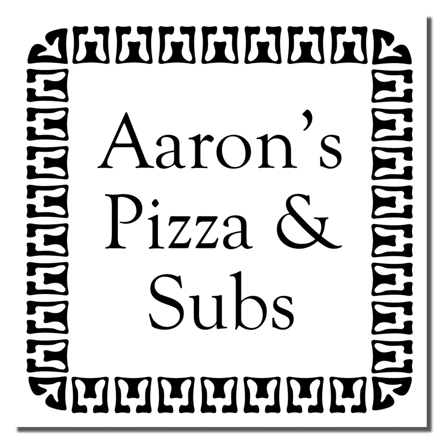Square custom rubber stamp for Aarons Pizza & Subs restaurant logo with decorative border for branding and packaging.