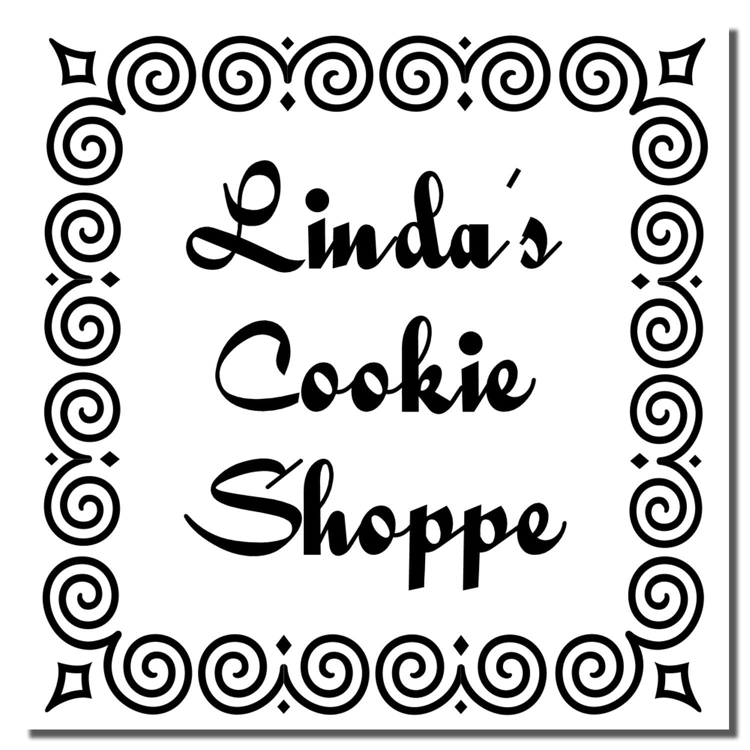 Custom rubber stamp design for Lindas Cookie Shoppe with ornate swirl border and script logo