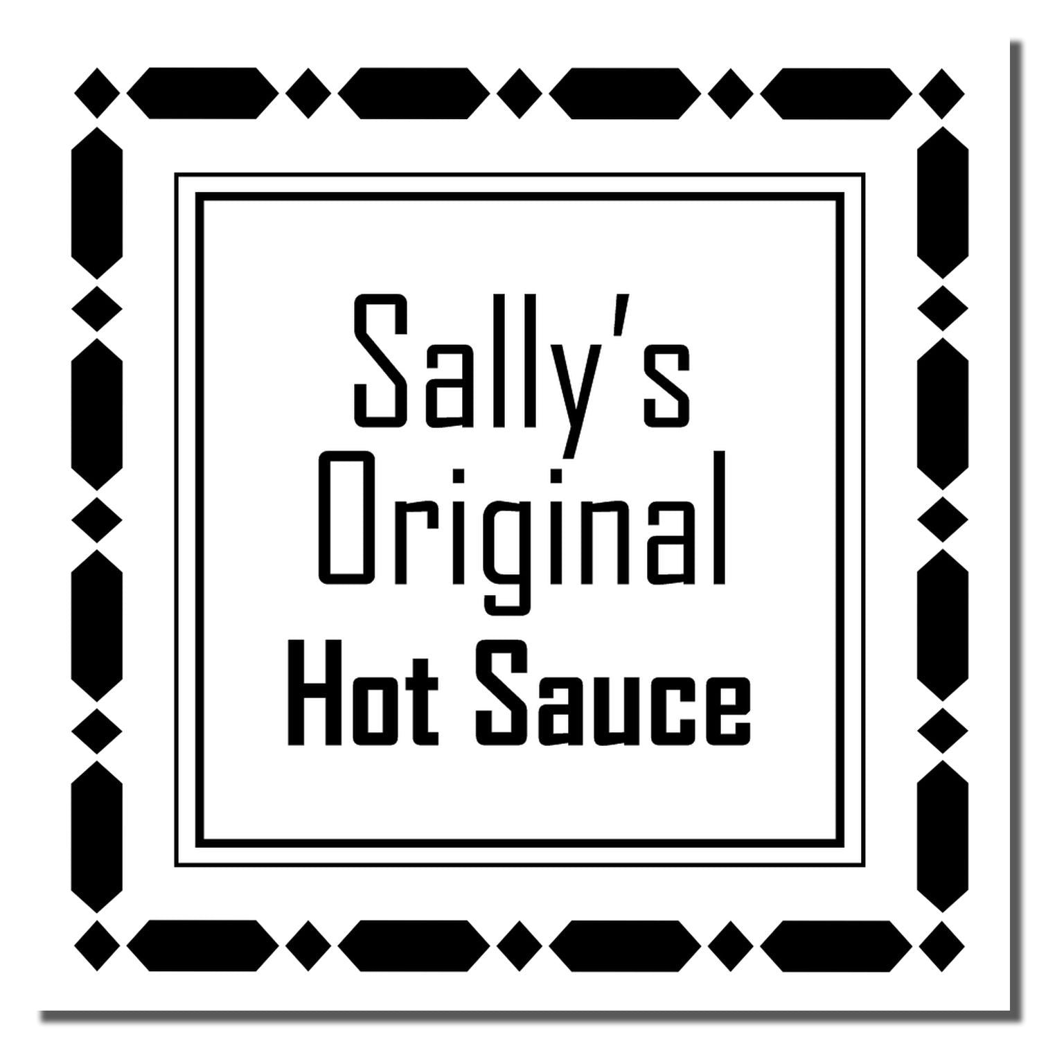 Custom rubber stamp design reading Sallys Original Hot Sauce with decorative border for branding hot sauce labels.