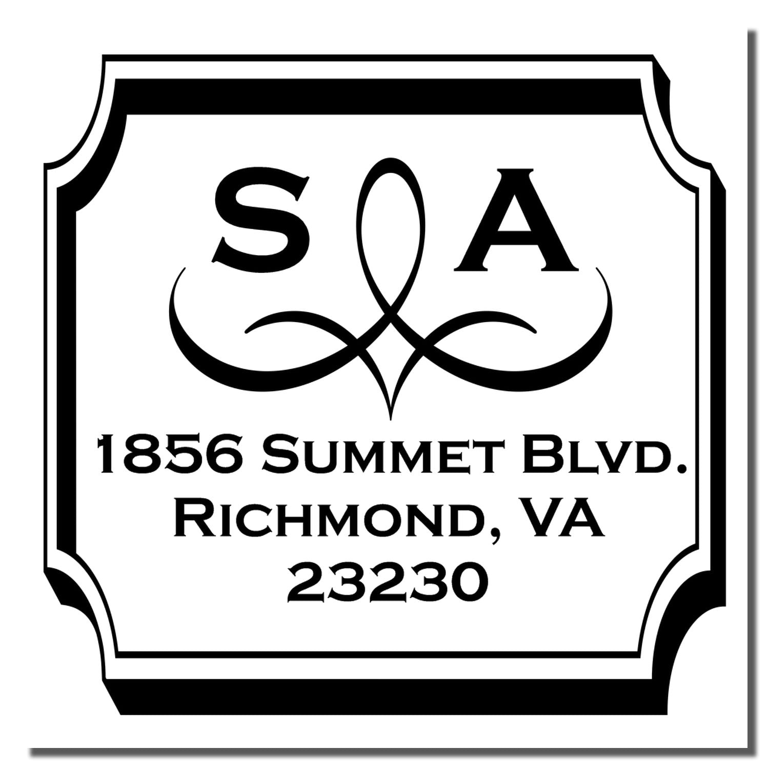 Custom return address rubber stamp with SA monogram for 1856 Summit Blvd., Richmond, VA 23230.
