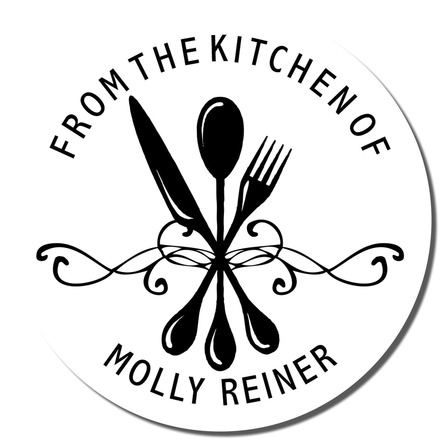 Custom rubber stamp design with utensils and "From the Kitchen of Molly Reiner" personalized kitchen label text.