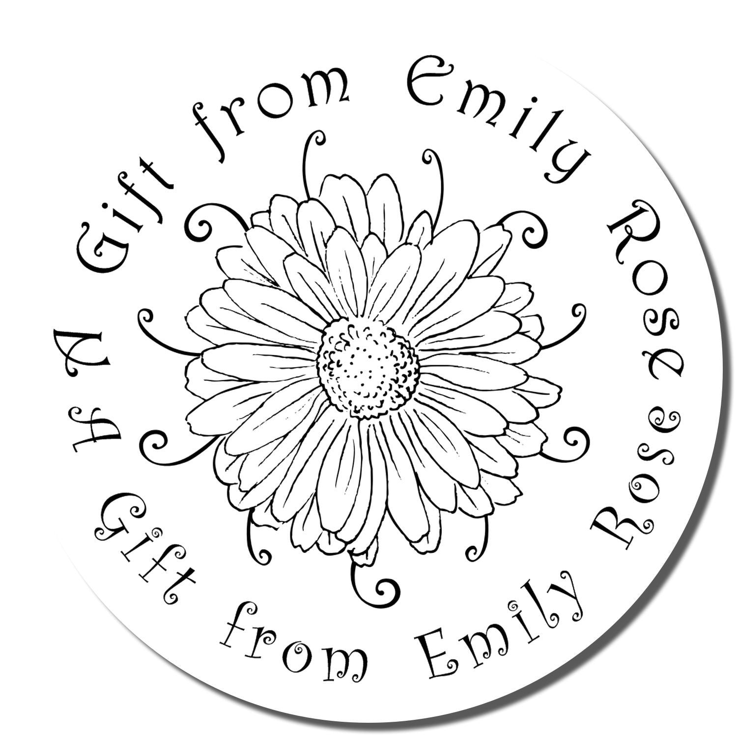 Round floral rubber stamp reading A Gift from Emily Rose for handmade gift packaging, craft labeling, and personalized stamping.