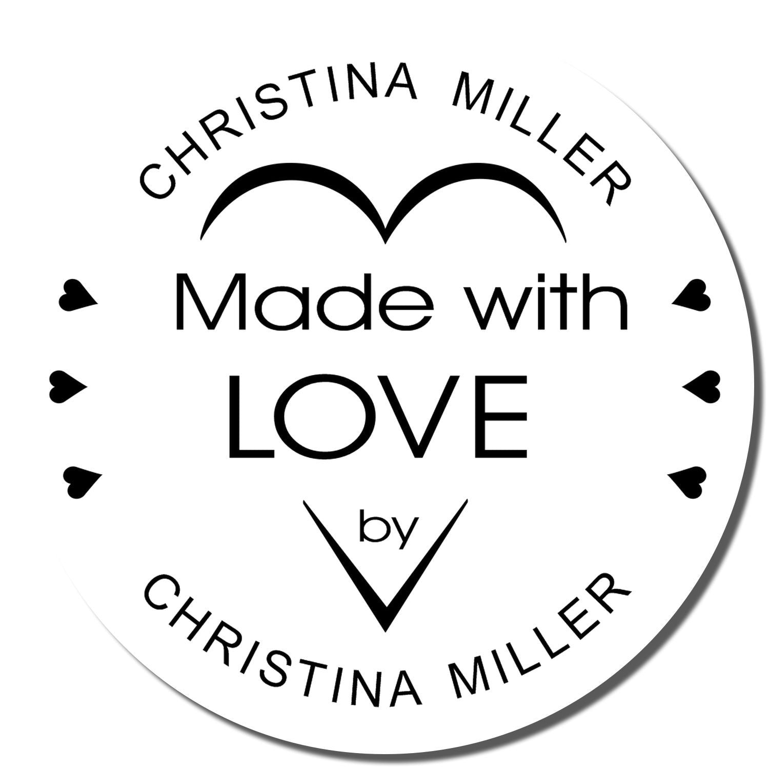 Circular custom rubber stamp reading Made with Love by Christina Miller with hearts for handmade packaging.