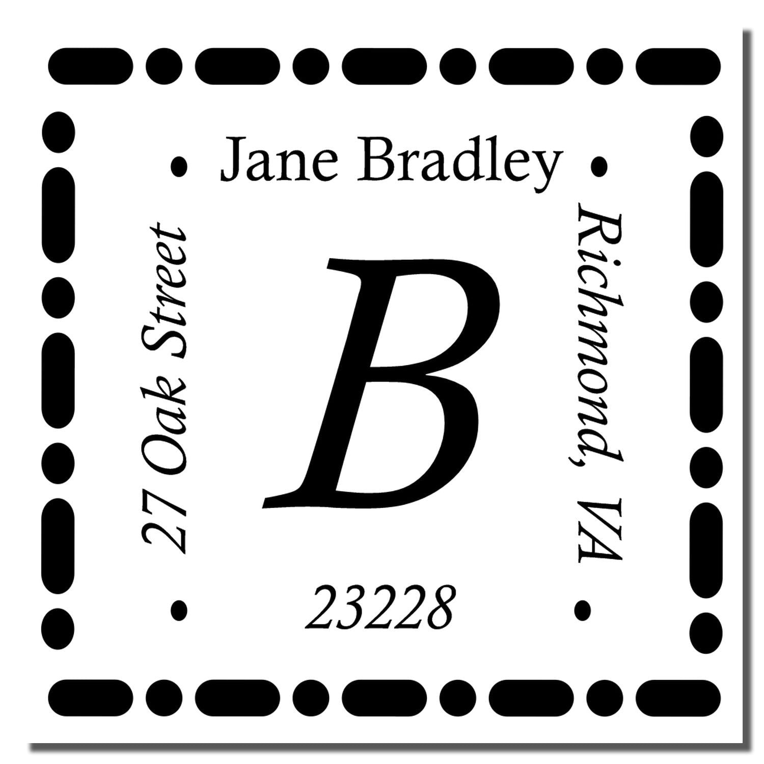 Custom monogram rubber stamp with letter B and return address for Jane Bradley, 27 Oak Street, Richmond, VA 23228.