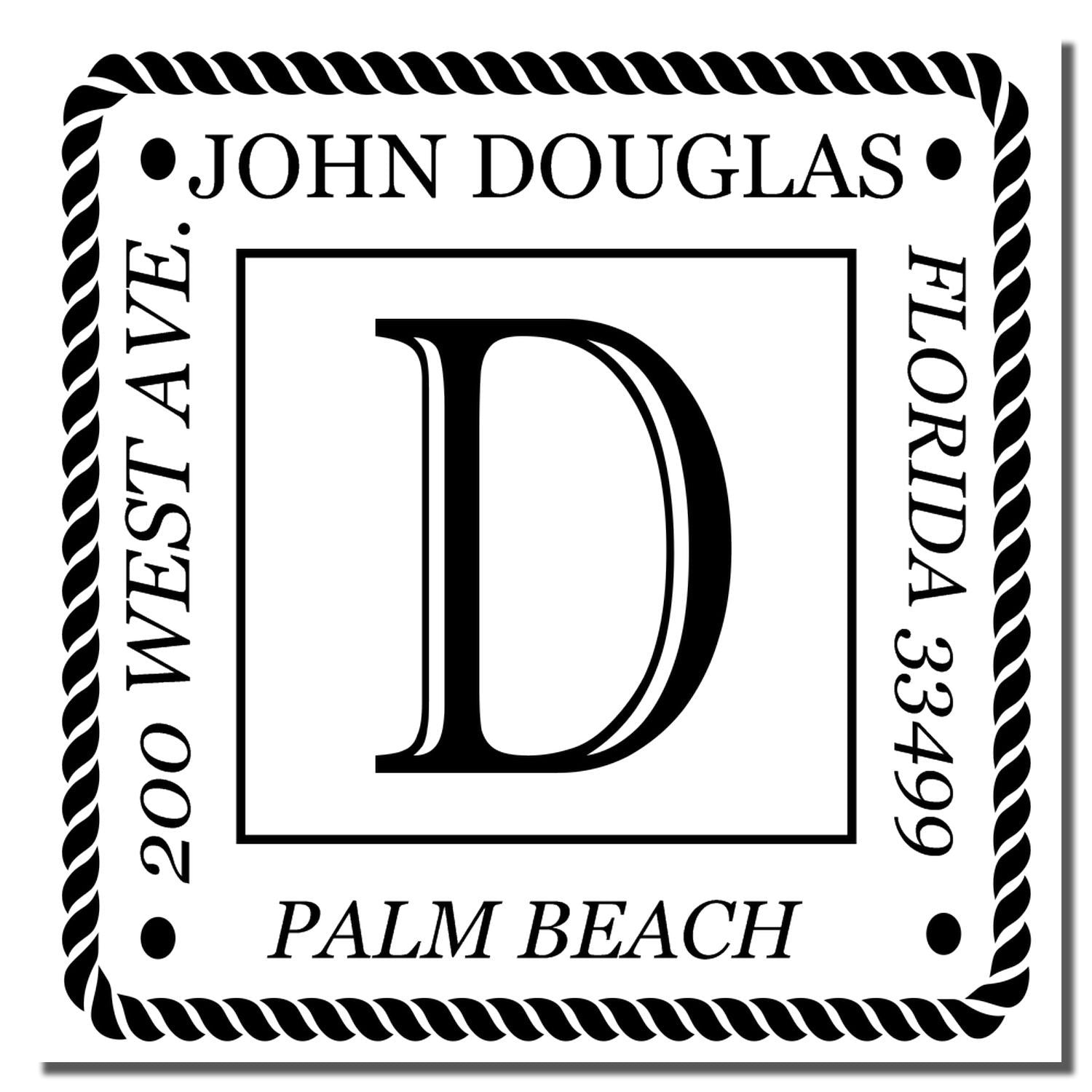 Custom monogram rubber stamp with letter D, John Douglas return address, Palm Beach, Florida 33499, West Ave.