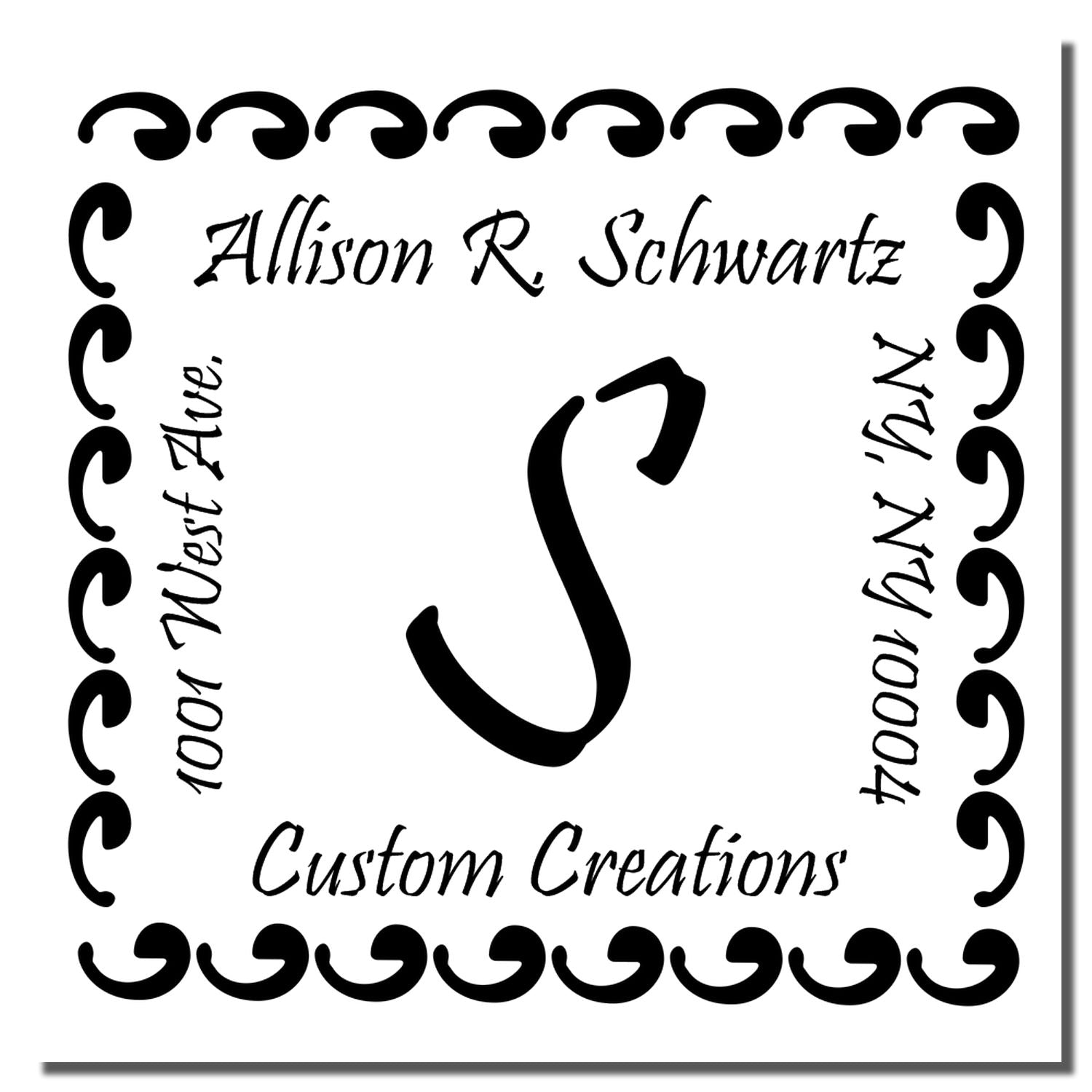 Custom return address rubber stamp for Allison R. Schwartz with decorative monogram and square border.