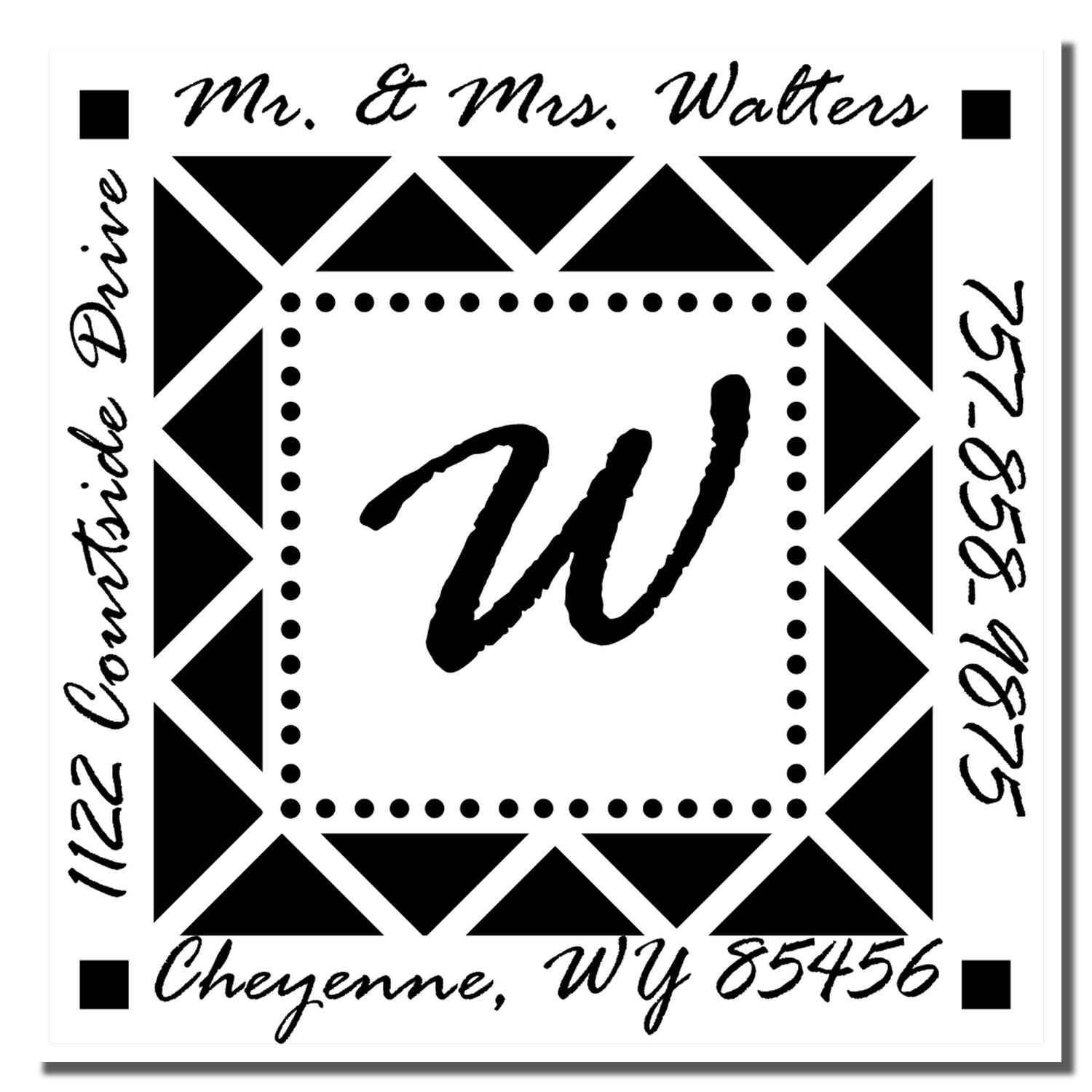 Custom return address rubber stamp for Mr. & Mrs. Walters with monogram, Cheyenne WY address, and phone number.