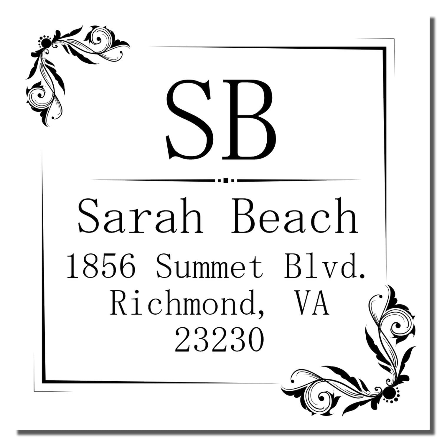 Custom rubber stamp with SB monogram and Sarah Beach address, Richmond, VA 23230, for personalized mailing and stationery.