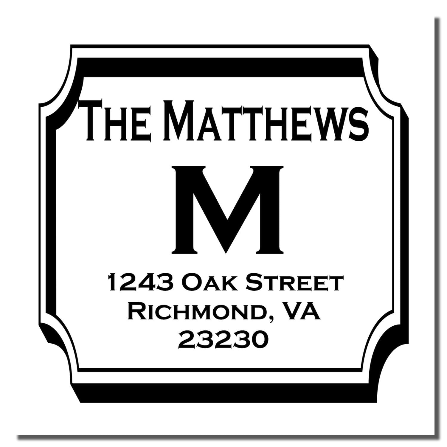 Custom Matthews family monogram address rubber stamp with M initial, Richmond, VA 23230 return address.