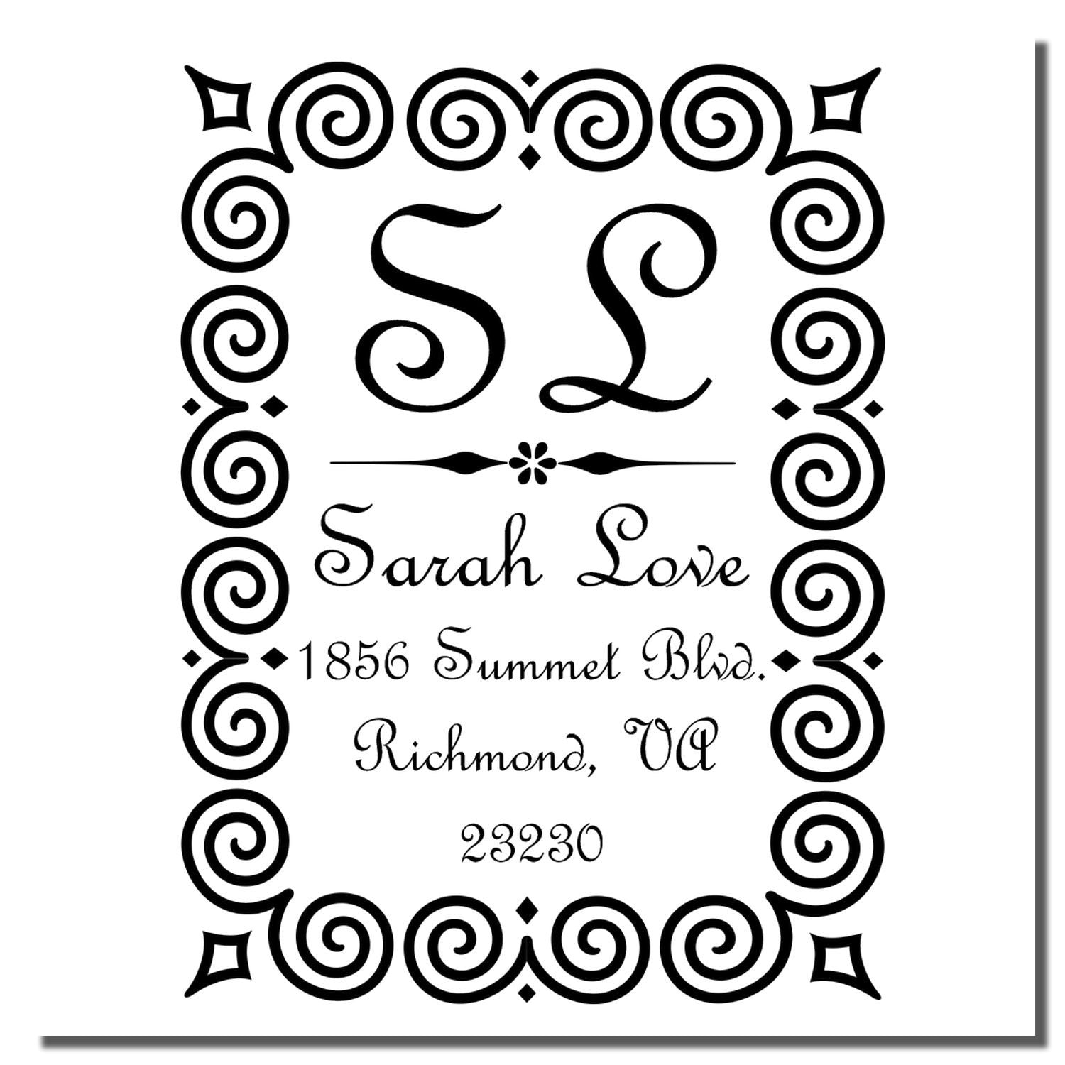 Custom return address rubber stamp with S L monogram for Sarah Love, Richmond, VA 23230