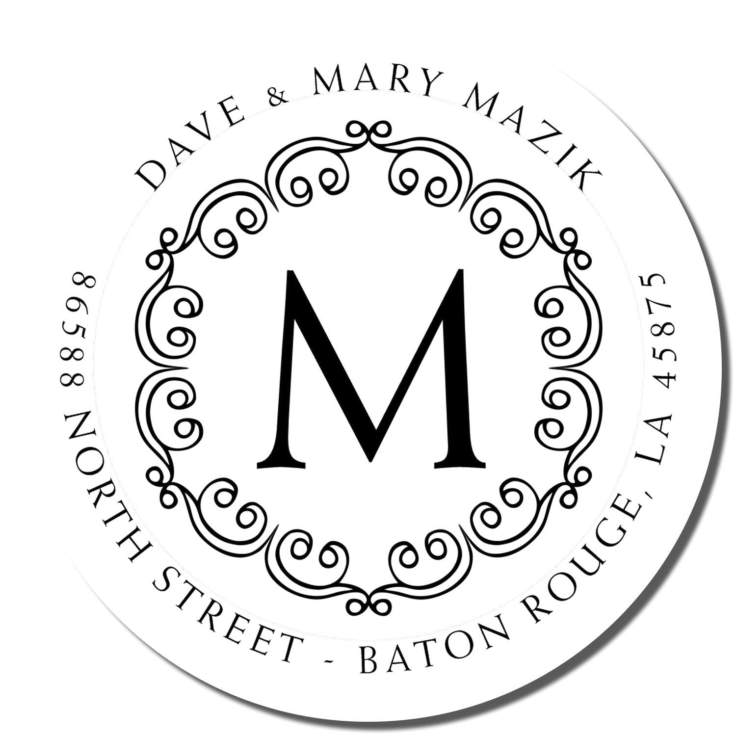 Circular black-and-white monogram seal with ornate scrollwork and initials M M, personalized branding logo design for gifts.